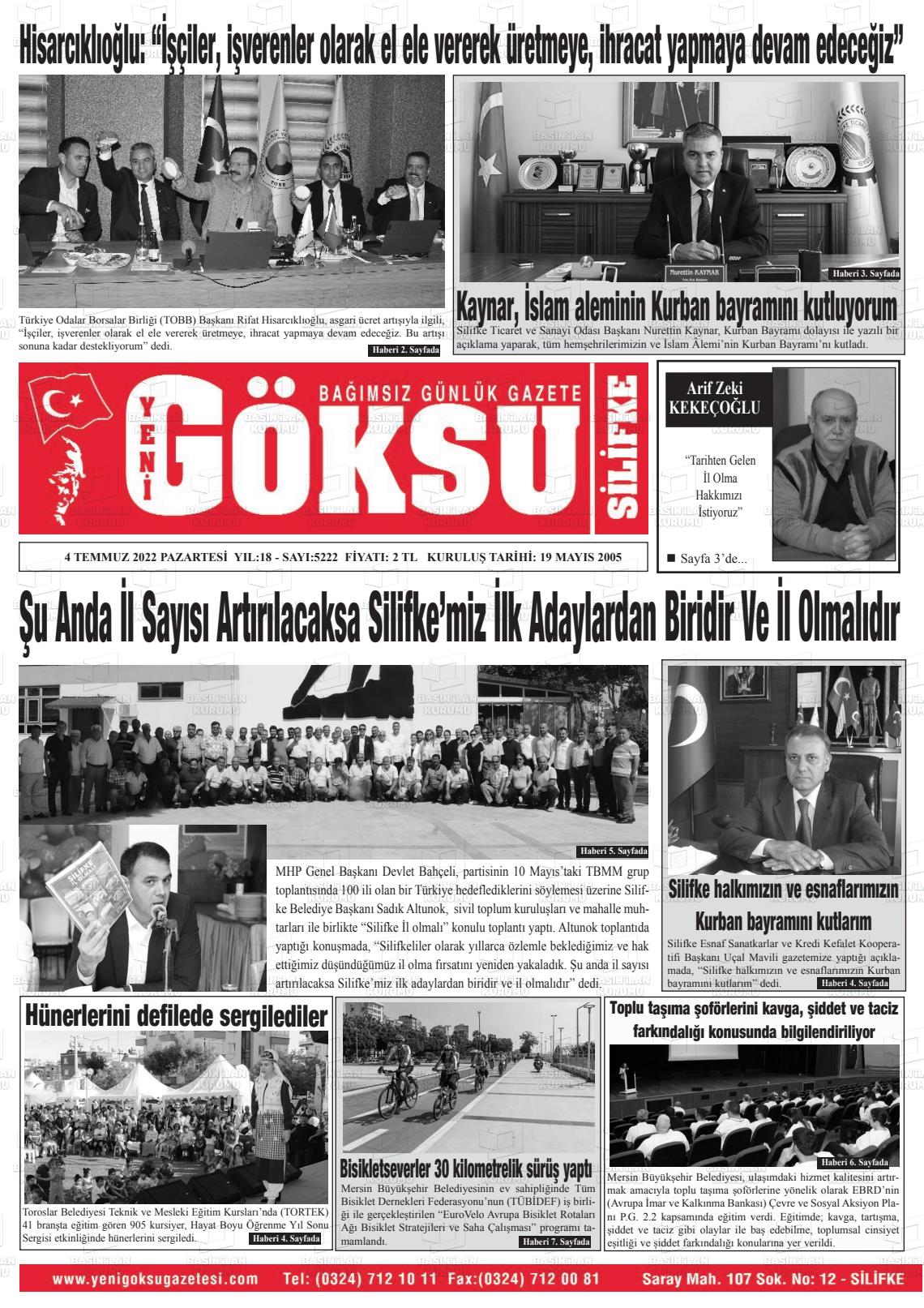 04 Temmuz 2022 YENİ GÖKSU GAZETESİ Gazete Manşeti