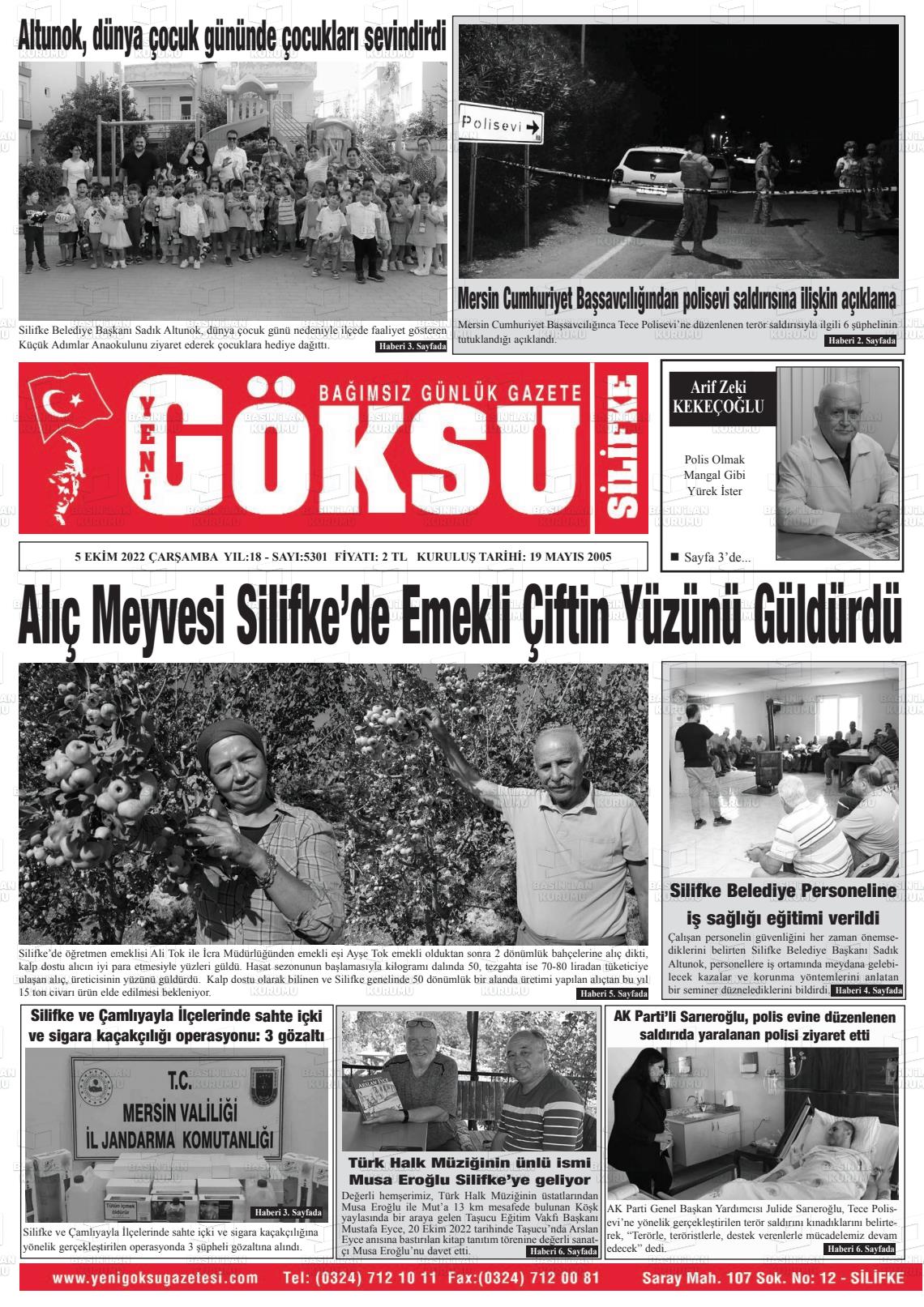 05 Ekim 2022 YENİ GÖKSU GAZETESİ Gazete Manşeti