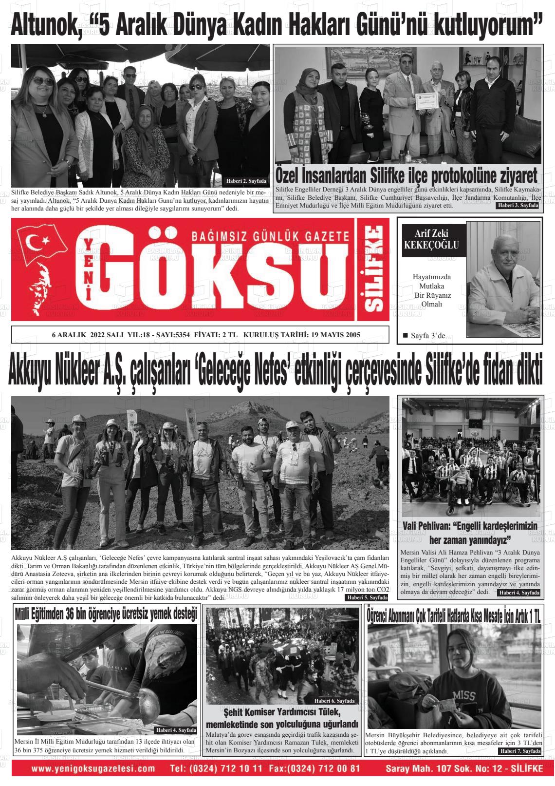 06 Aralık 2022 YENİ GÖKSU GAZETESİ Gazete Manşeti