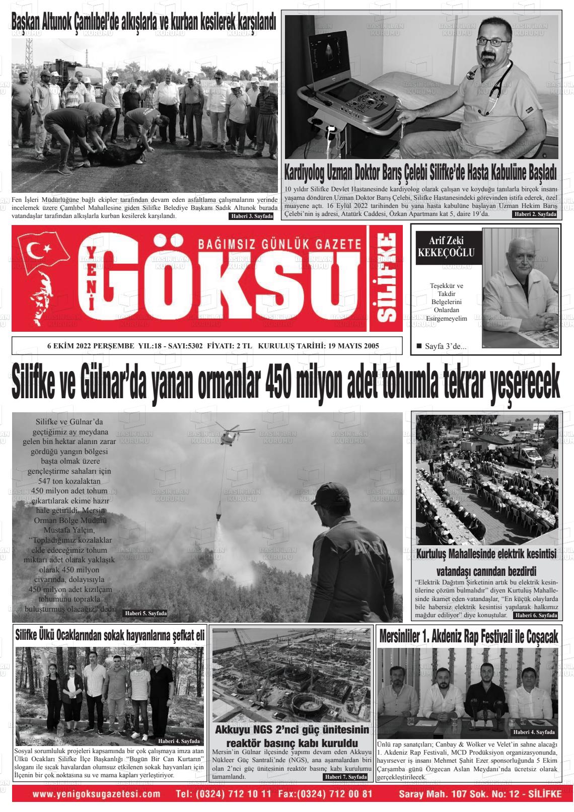06 Ekim 2022 YENİ GÖKSU GAZETESİ Gazete Manşeti