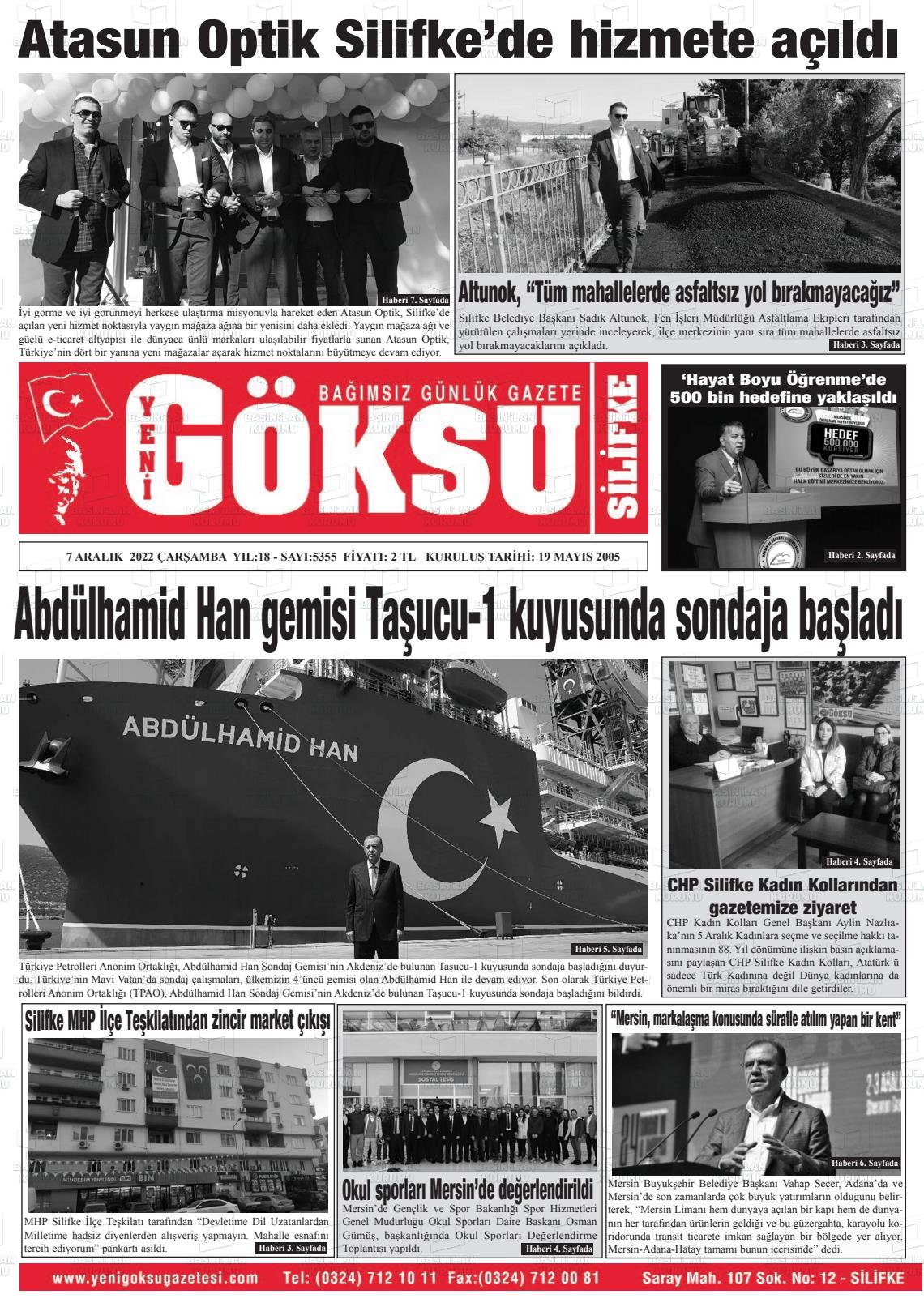 07 Aralık 2022 YENİ GÖKSU GAZETESİ Gazete Manşeti
