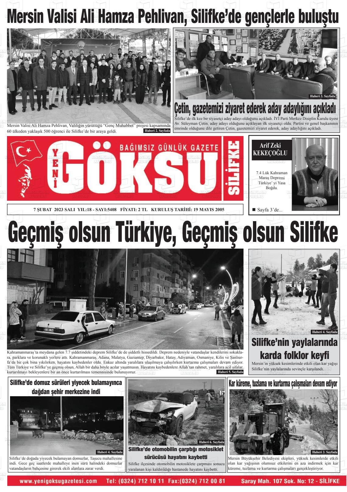 07 Şubat 2023 YENİ GÖKSU GAZETESİ Gazete Manşeti