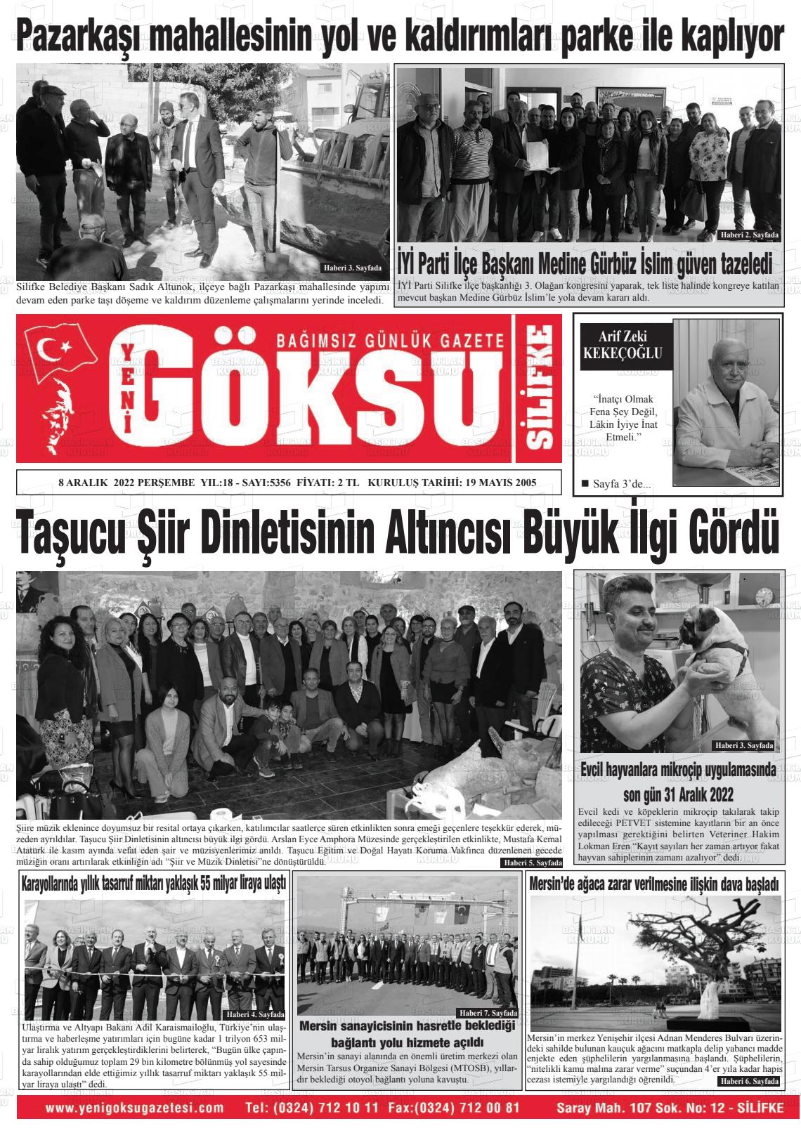 08 Aralık 2022 YENİ GÖKSU GAZETESİ Gazete Manşeti