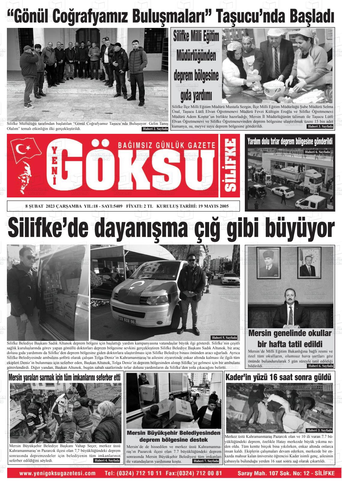 08 Şubat 2023 YENİ GÖKSU GAZETESİ Gazete Manşeti