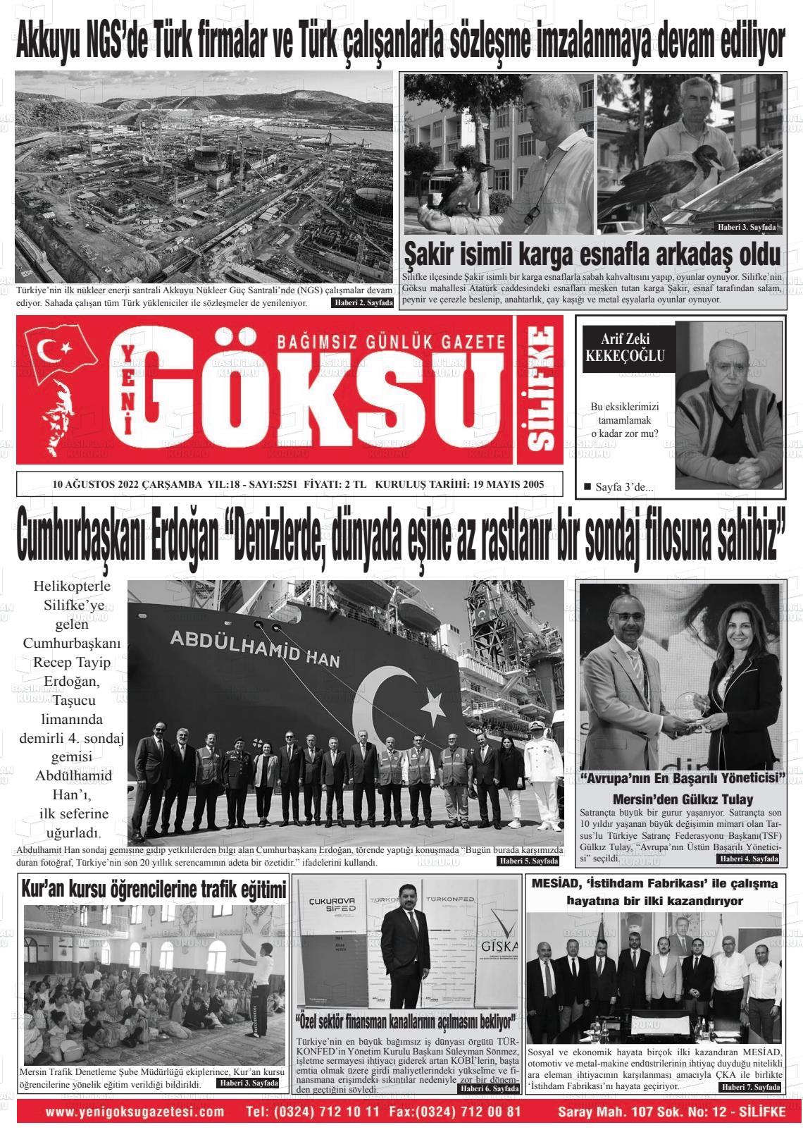 10 Ağustos 2022 YENİ GÖKSU GAZETESİ Gazete Manşeti