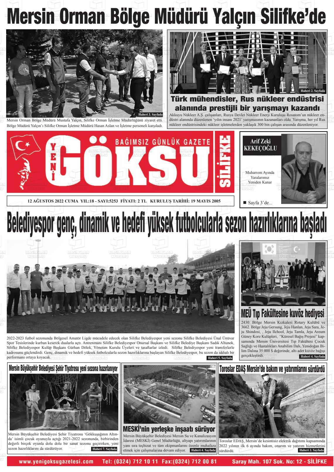 12 Ağustos 2022 YENİ GÖKSU GAZETESİ Gazete Manşeti