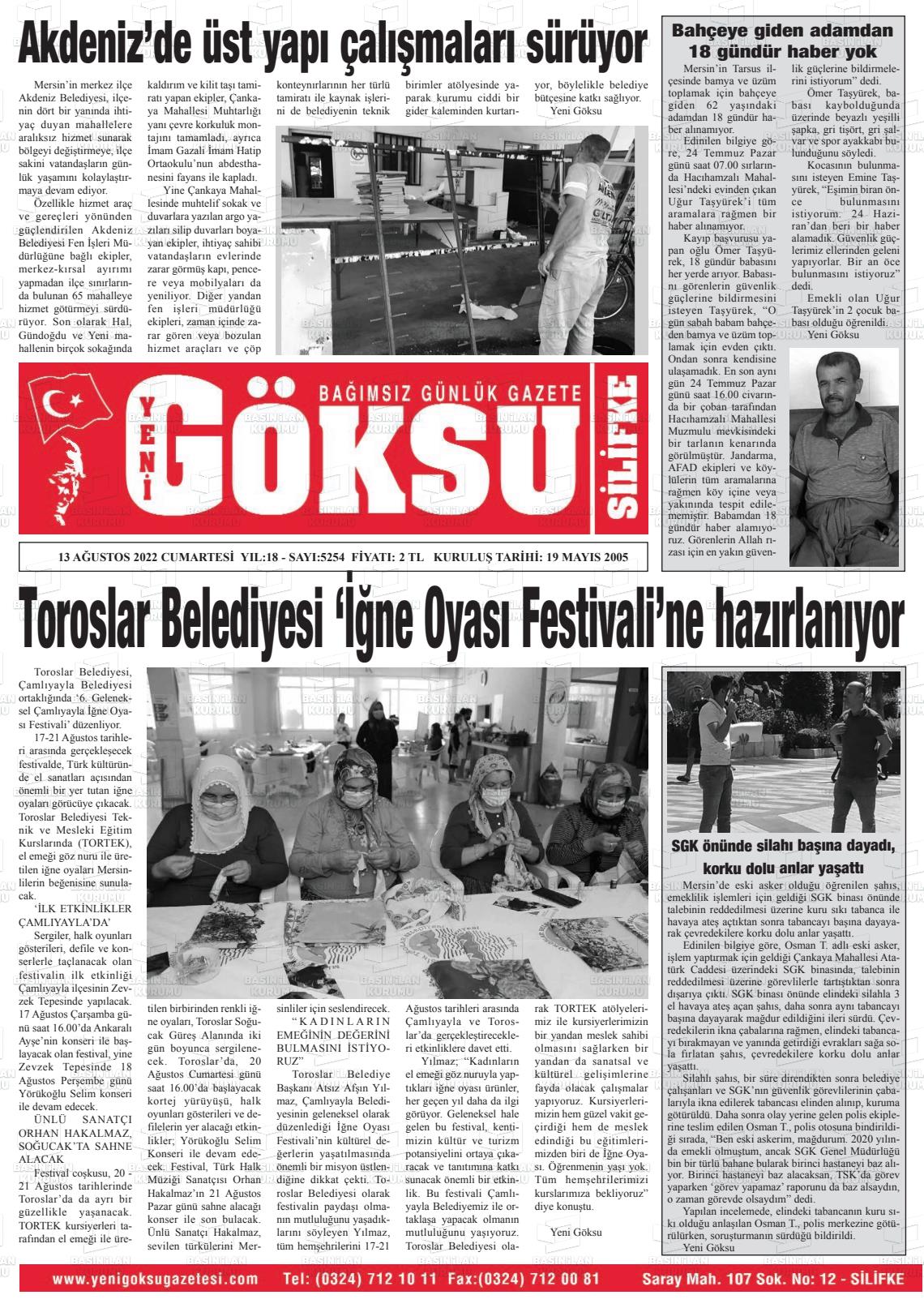 13 Ağustos 2022 YENİ GÖKSU GAZETESİ Gazete Manşeti