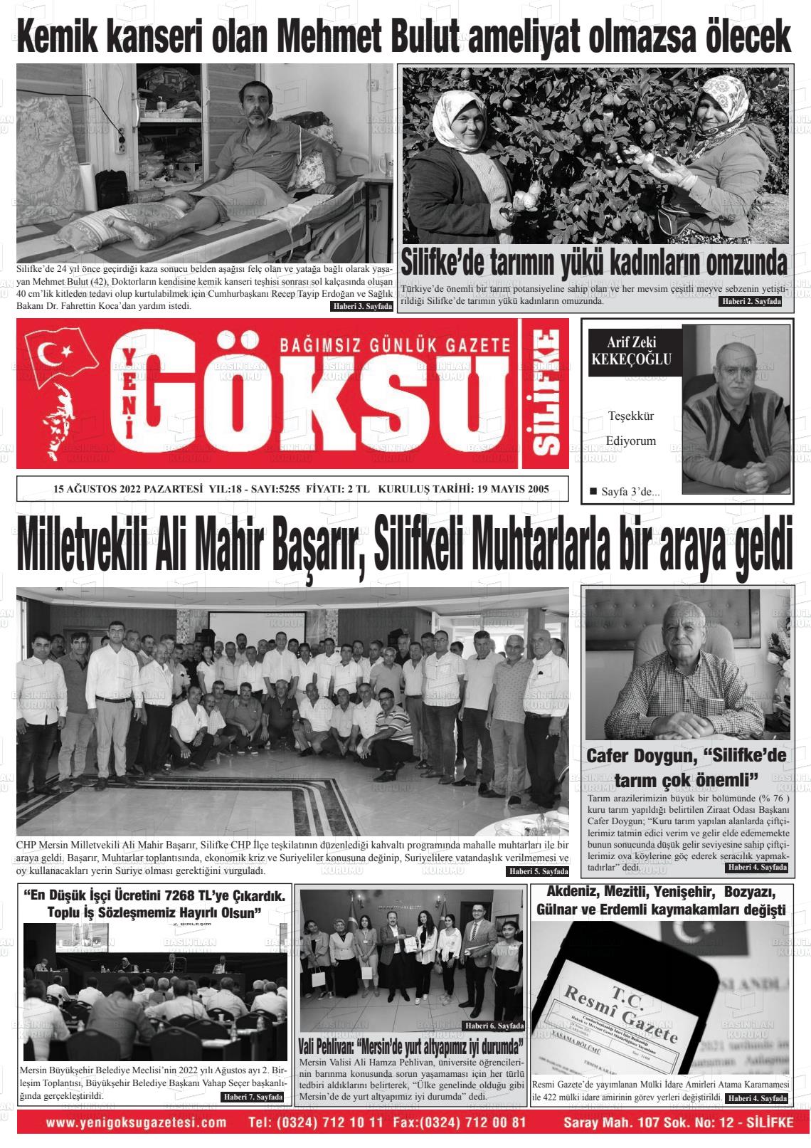 15 Ağustos 2022 YENİ GÖKSU GAZETESİ Gazete Manşeti
