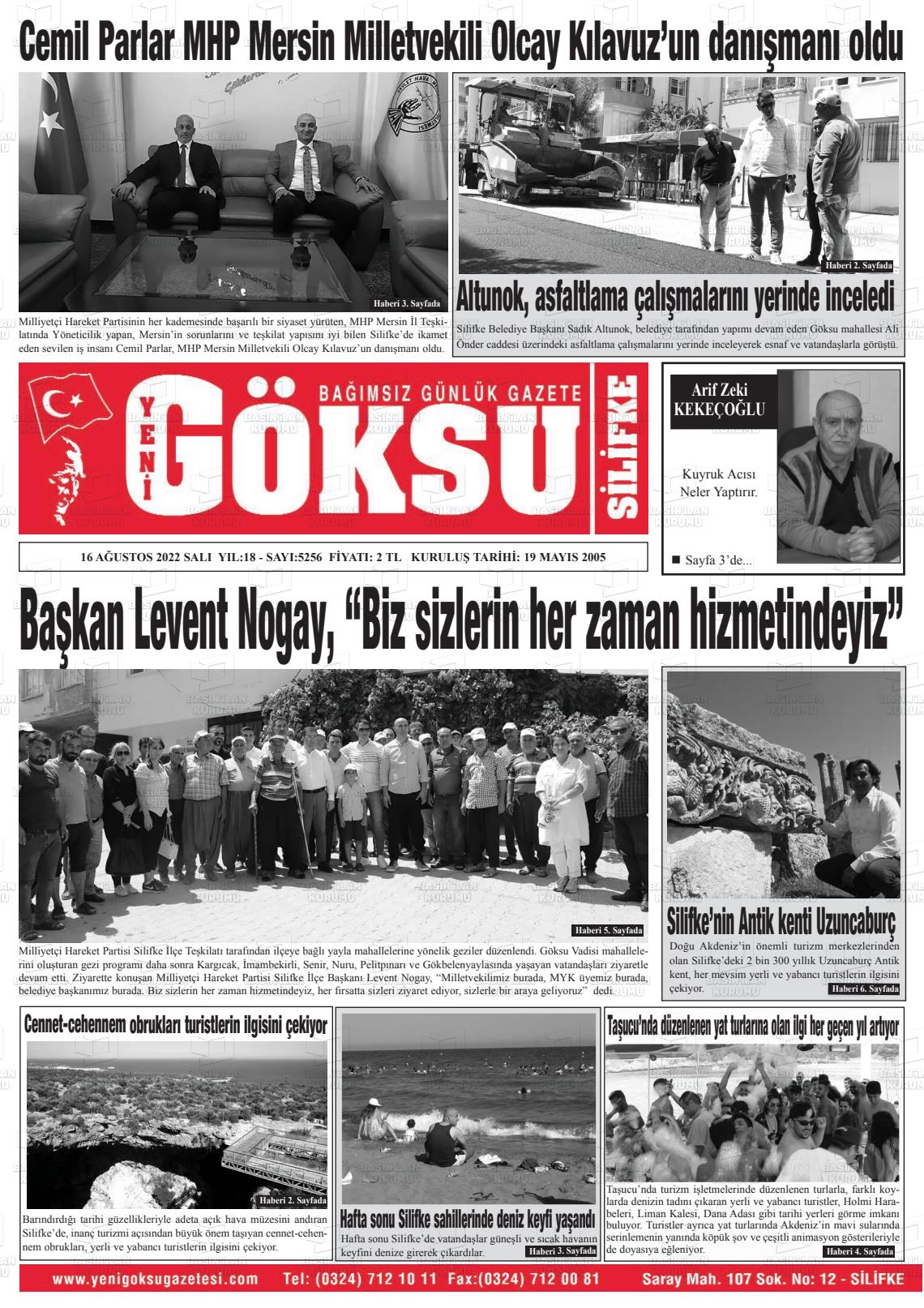16 Ağustos 2022 YENİ GÖKSU GAZETESİ Gazete Manşeti