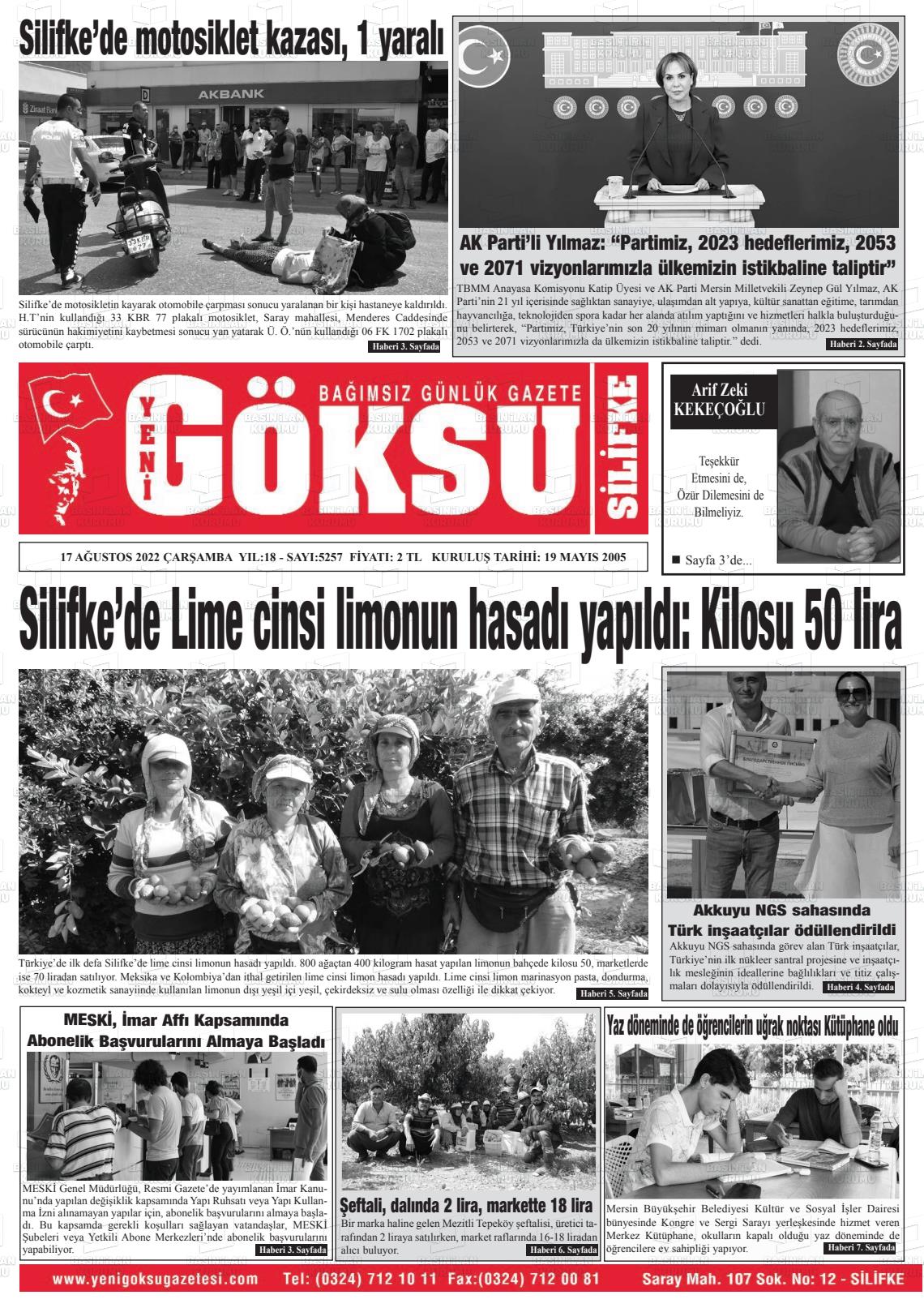 17 Ağustos 2022 YENİ GÖKSU GAZETESİ Gazete Manşeti