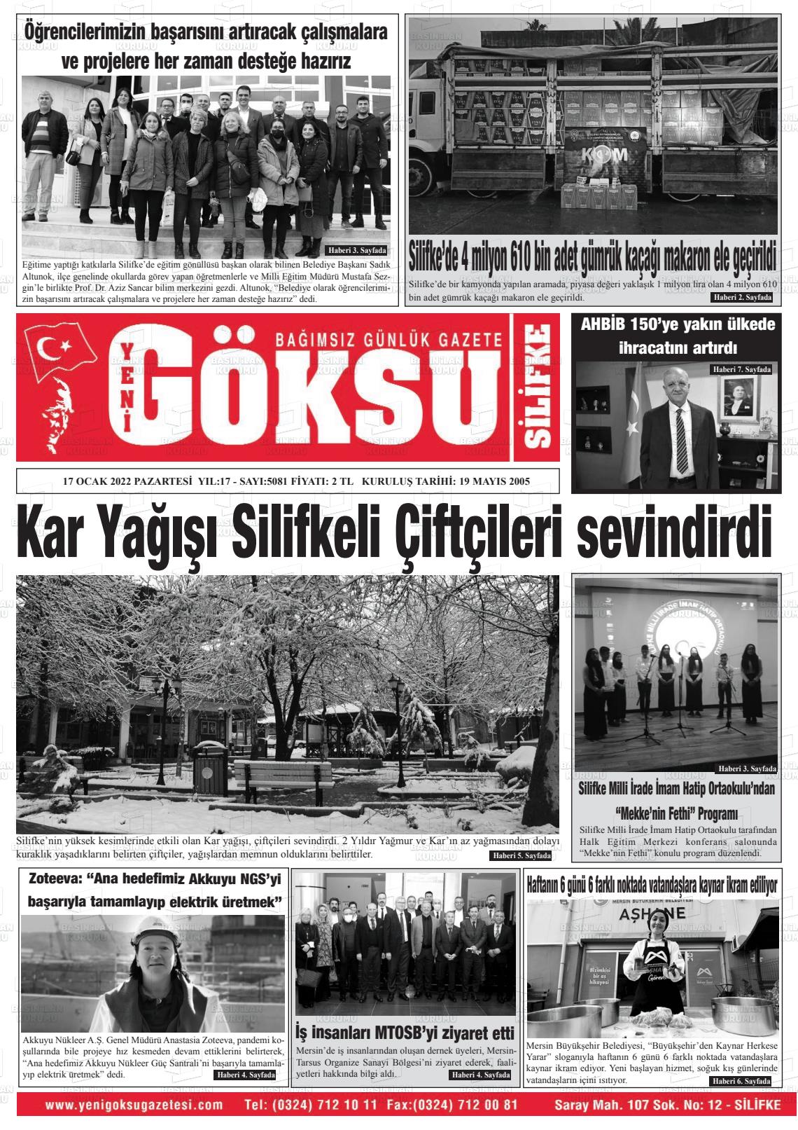 17 Ocak 2022 YENİ GÖKSU GAZETESİ Gazete Manşeti