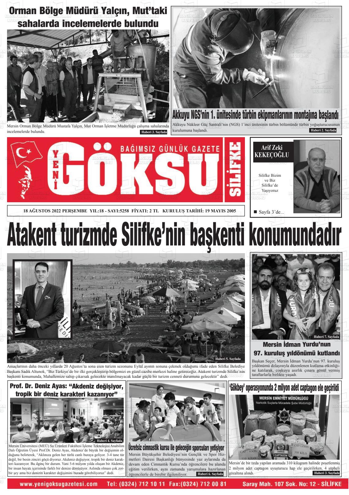 18 Ağustos 2022 YENİ GÖKSU GAZETESİ Gazete Manşeti