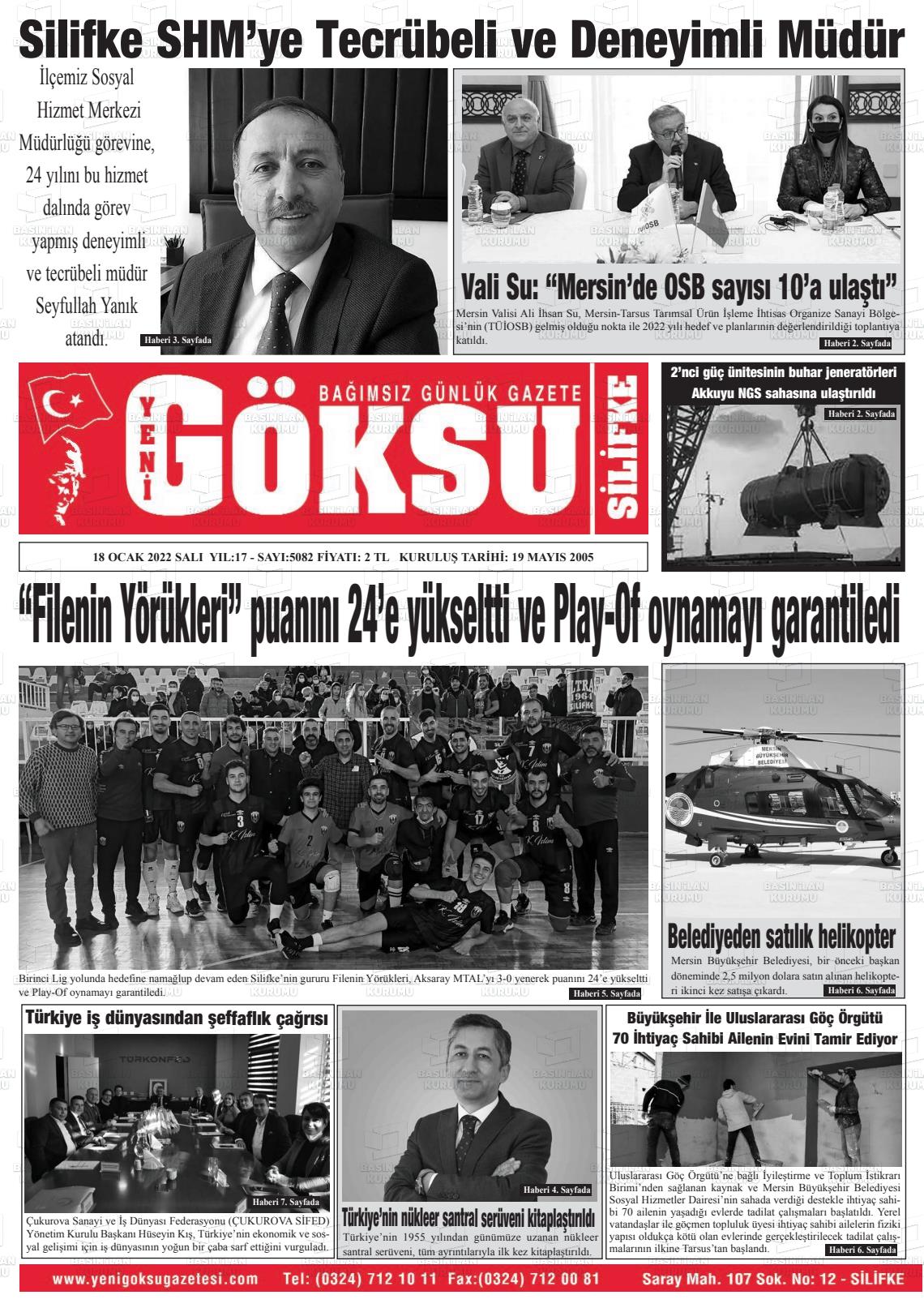 18 Ocak 2022 YENİ GÖKSU GAZETESİ Gazete Manşeti