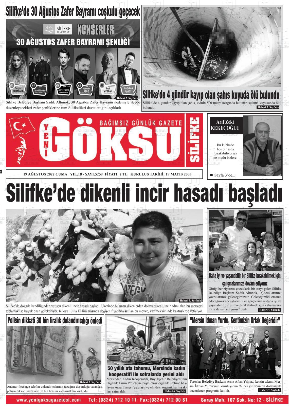 19 Ağustos 2022 YENİ GÖKSU GAZETESİ Gazete Manşeti