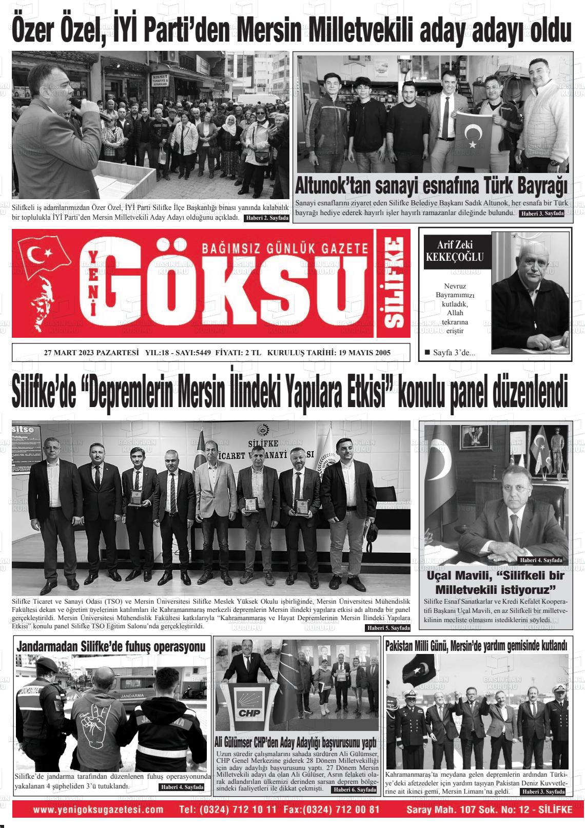 27 Mart 2023 YENİ GÖKSU GAZETESİ Gazete Manşeti