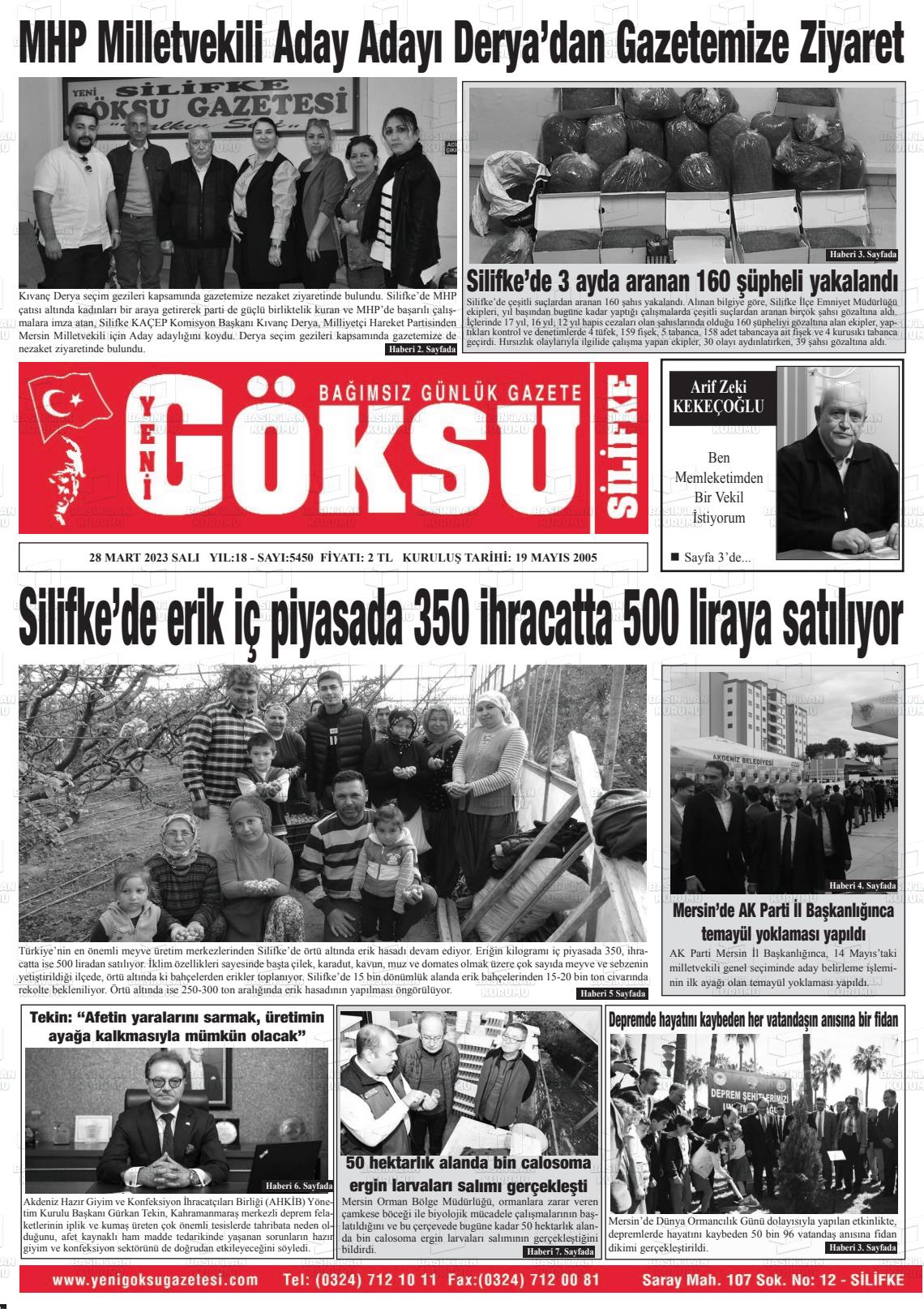 28 Mart 2023 YENİ GÖKSU GAZETESİ Gazete Manşeti