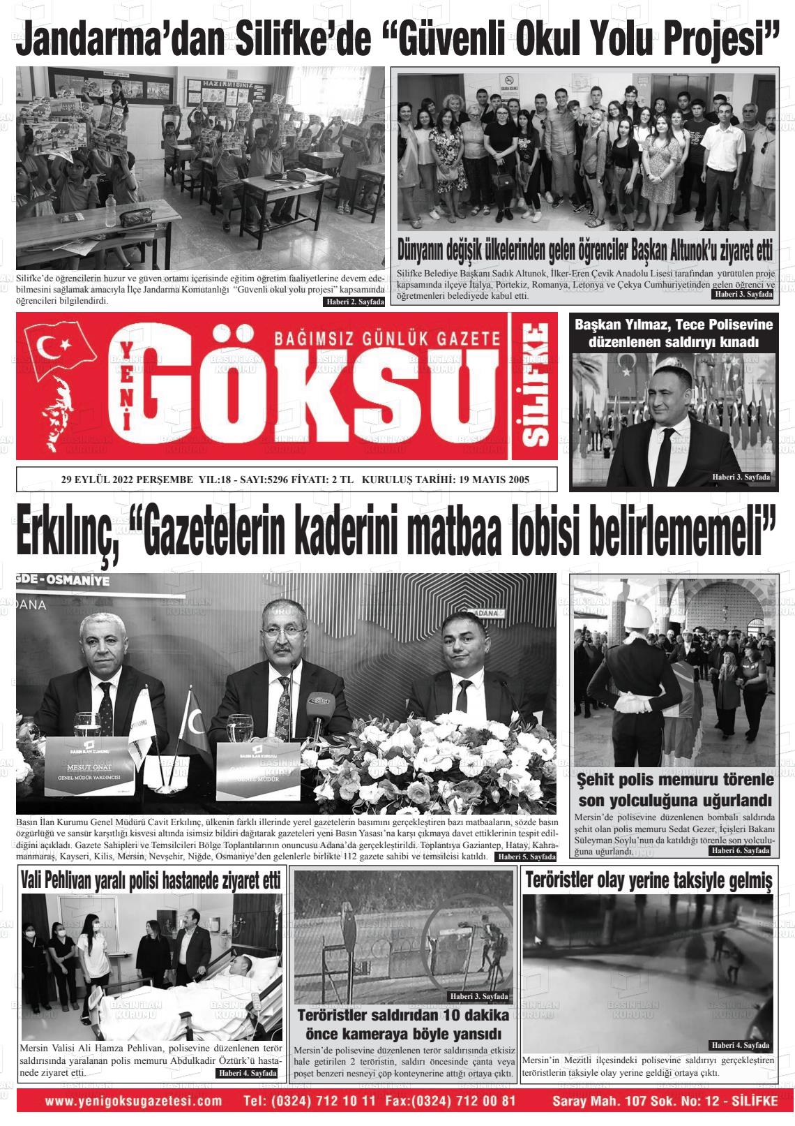 29 Eylül 2022 YENİ GÖKSU GAZETESİ Gazete Manşeti