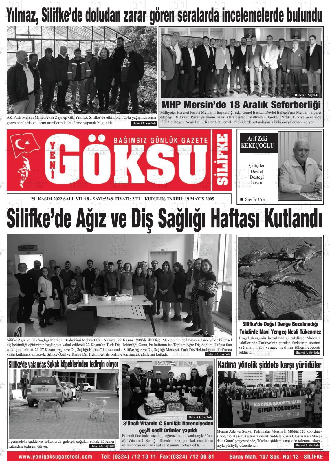 29 Kasım 2022 YENİ GÖKSU GAZETESİ Gazete Manşeti