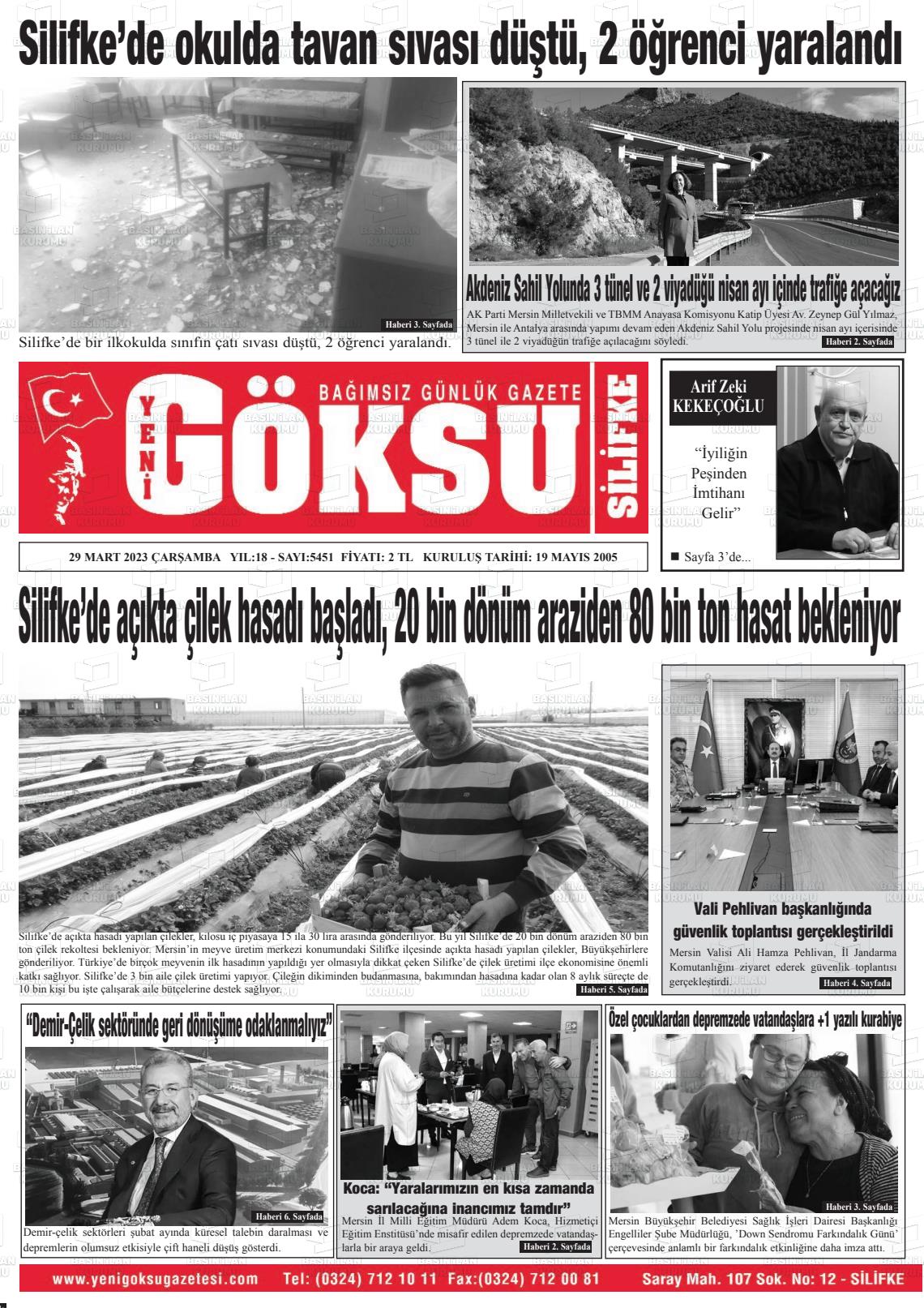 29 Mart 2023 YENİ GÖKSU GAZETESİ Gazete Manşeti