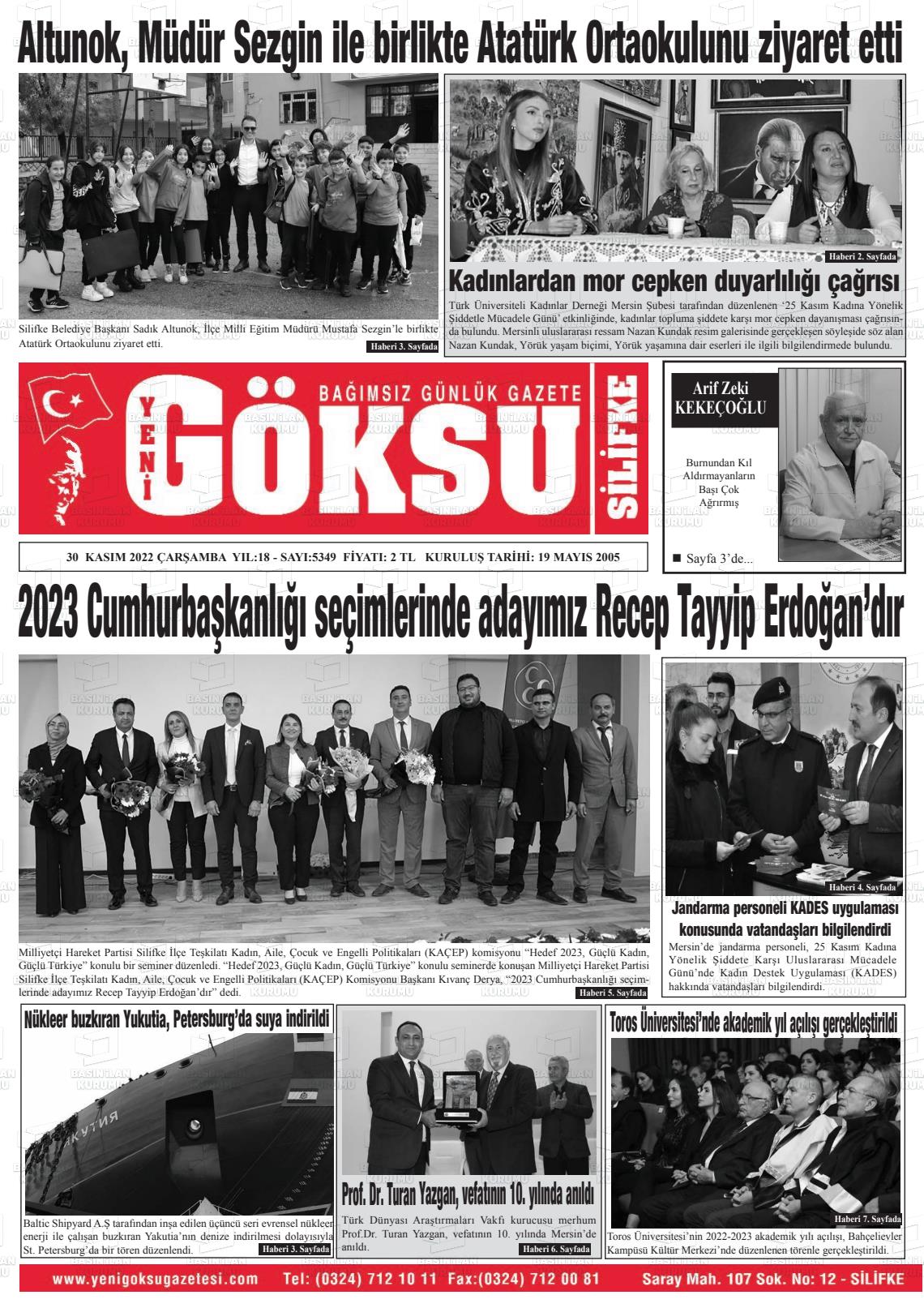 30 Kasım 2022 YENİ GÖKSU GAZETESİ Gazete Manşeti