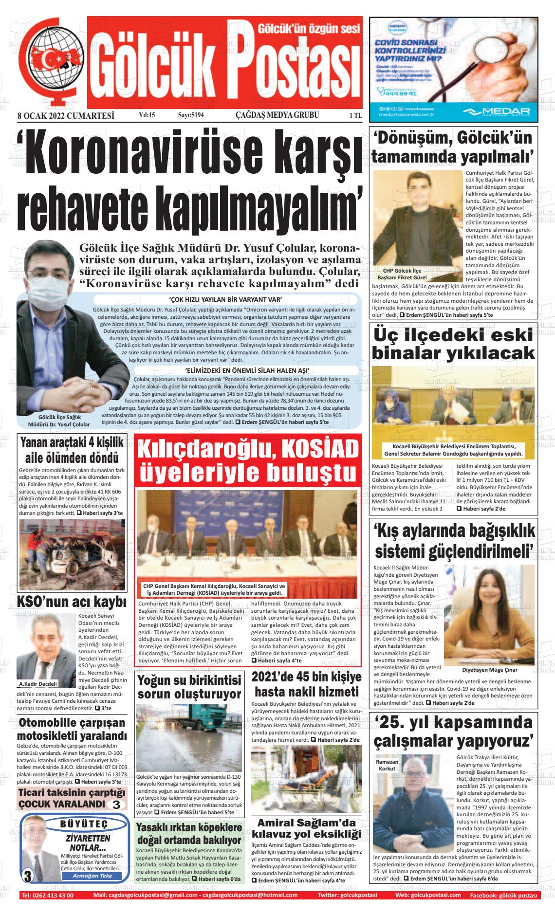 08 Ocak 2022 Gölcük Postasi Gazete Manşeti