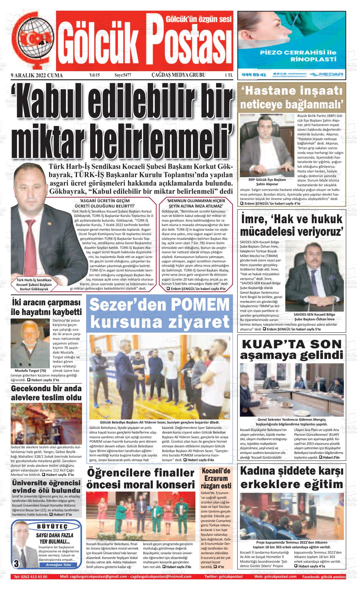 09 Aralık 2022 Gölcük Postasi Gazete Manşeti