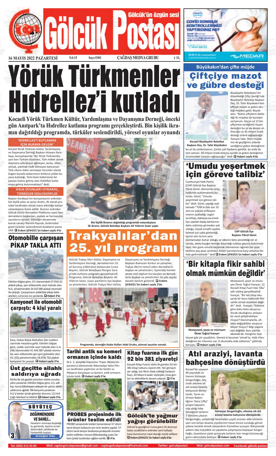 16 Mayıs 2022 Gölcük Postasi Gazete Manşeti
