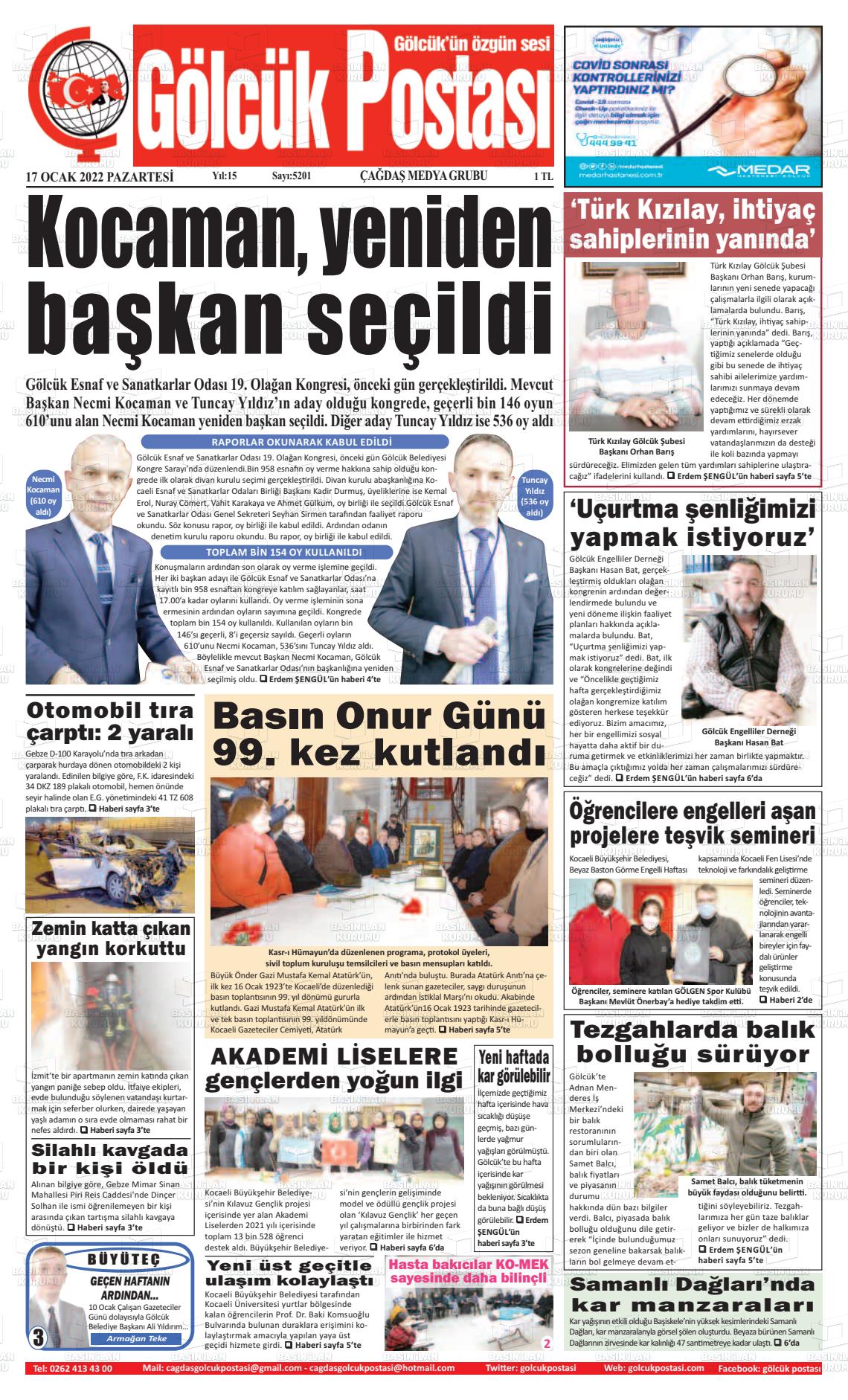 17 Ocak 2022 Gölcük Postasi Gazete Manşeti