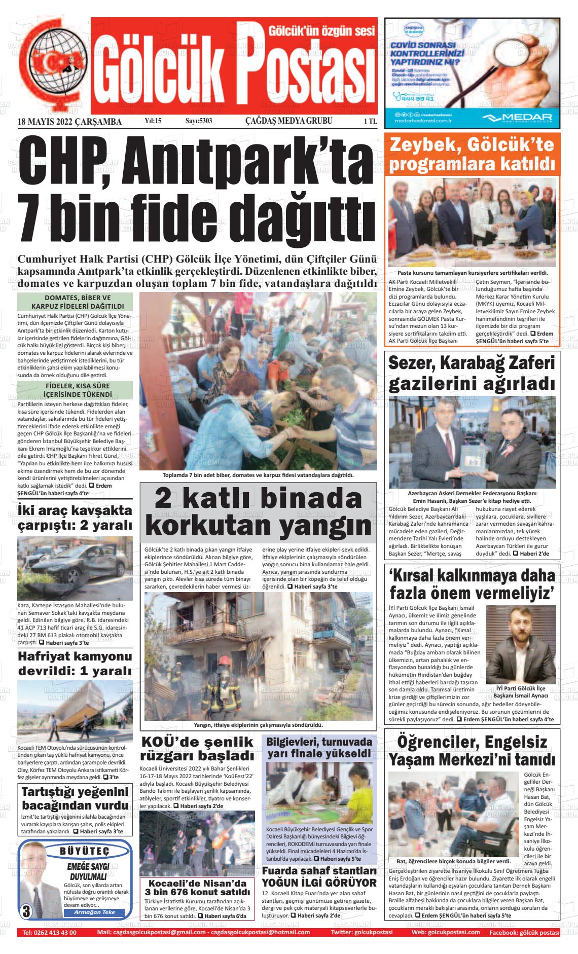 18 Mayıs 2022 Gölcük Postasi Gazete Manşeti