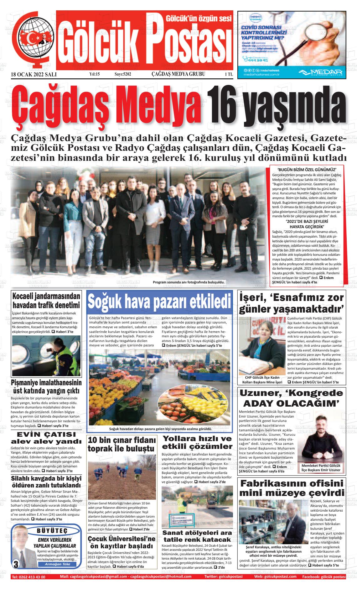 18 Ocak 2022 Gölcük Postasi Gazete Manşeti