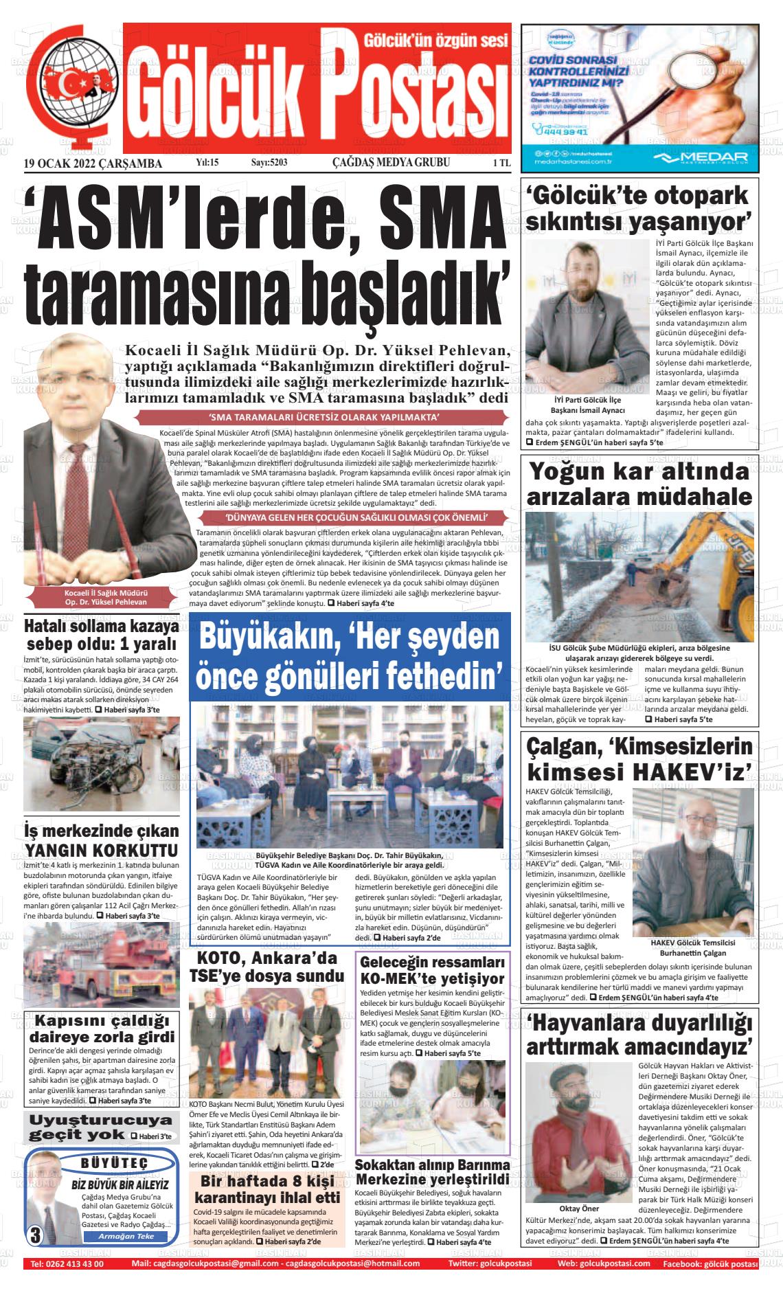 19 Ocak 2022 Gölcük Postasi Gazete Manşeti