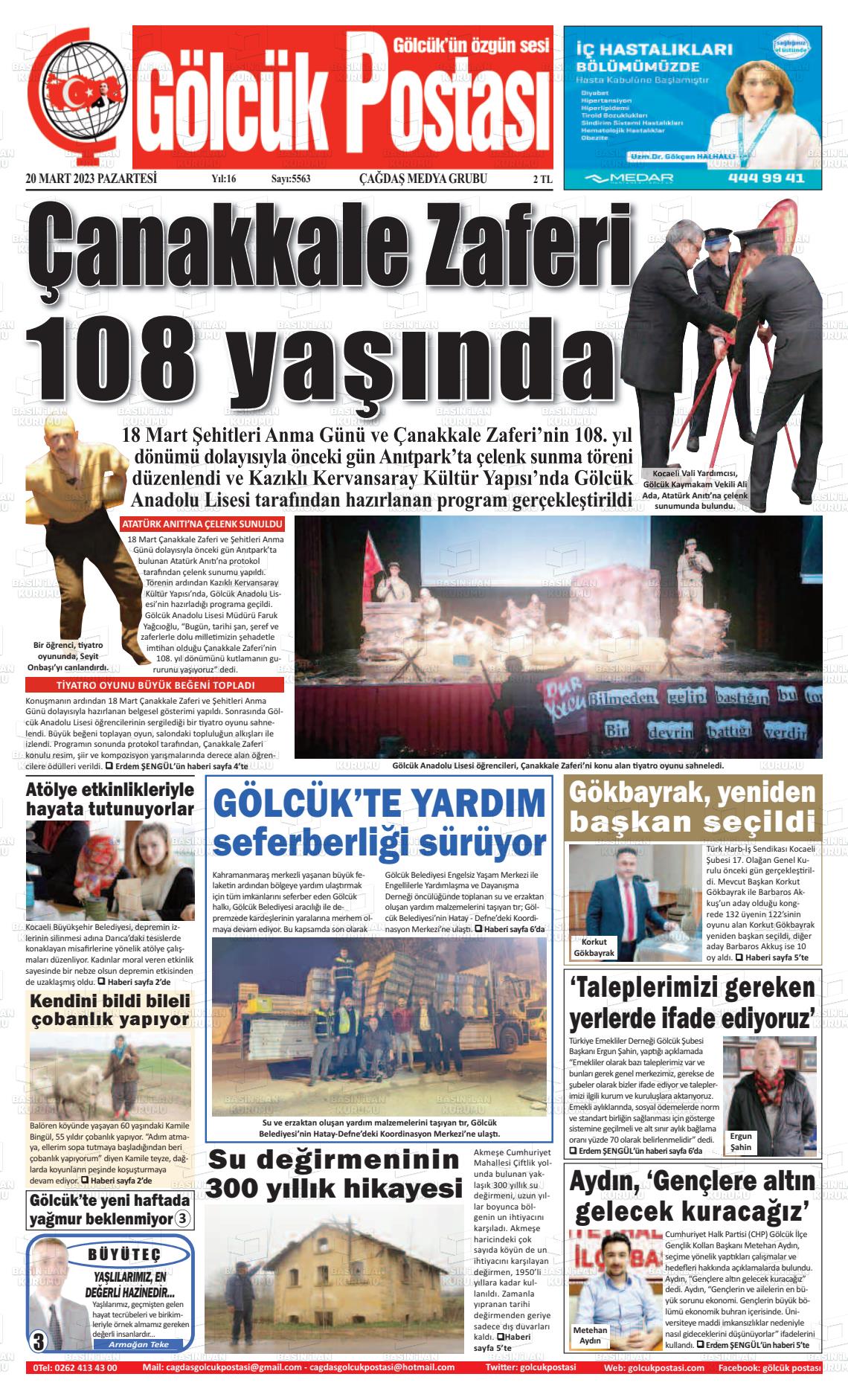 20 Mart 2023 Gölcük Postasi Gazete Manşeti