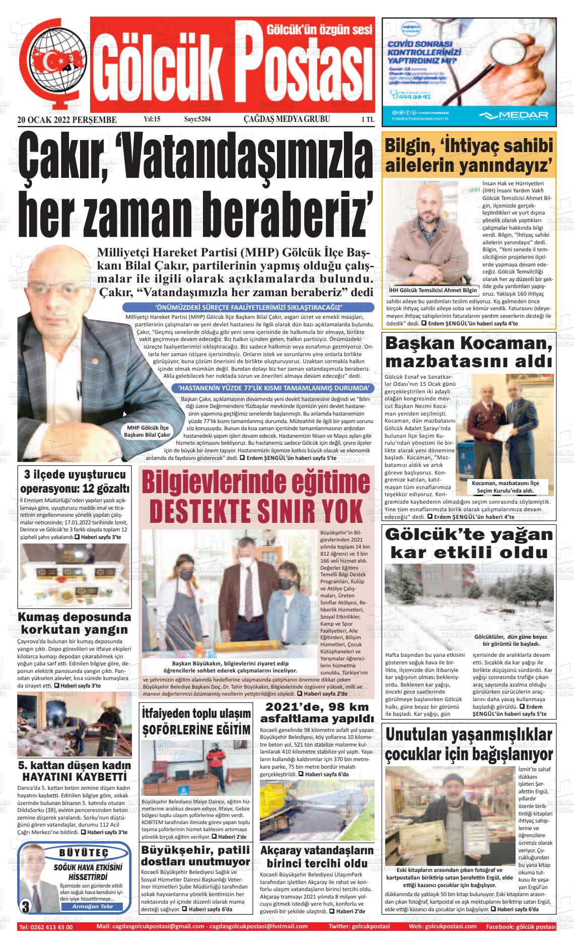 20 Ocak 2022 Gölcük Postasi Gazete Manşeti