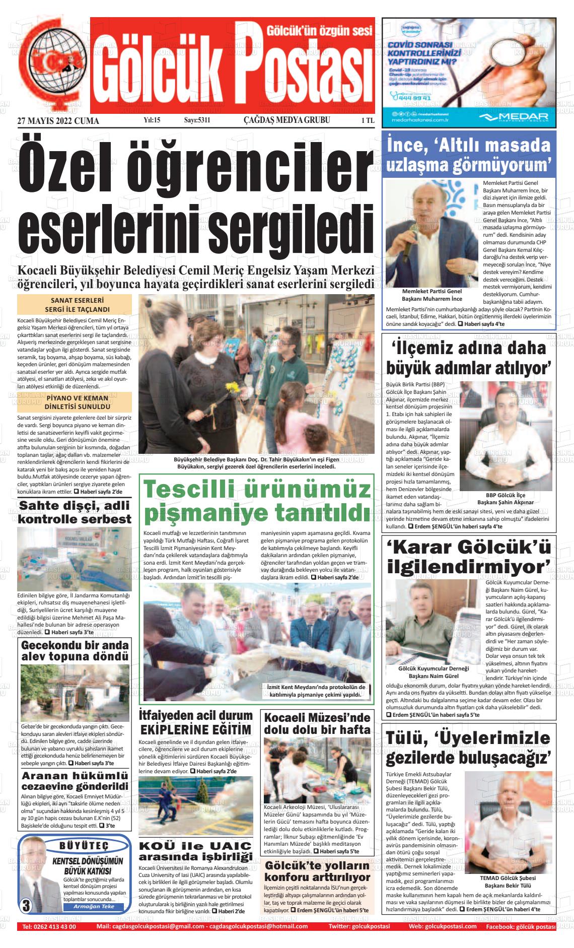 27 Mayıs 2022 Gölcük Postasi Gazete Manşeti
