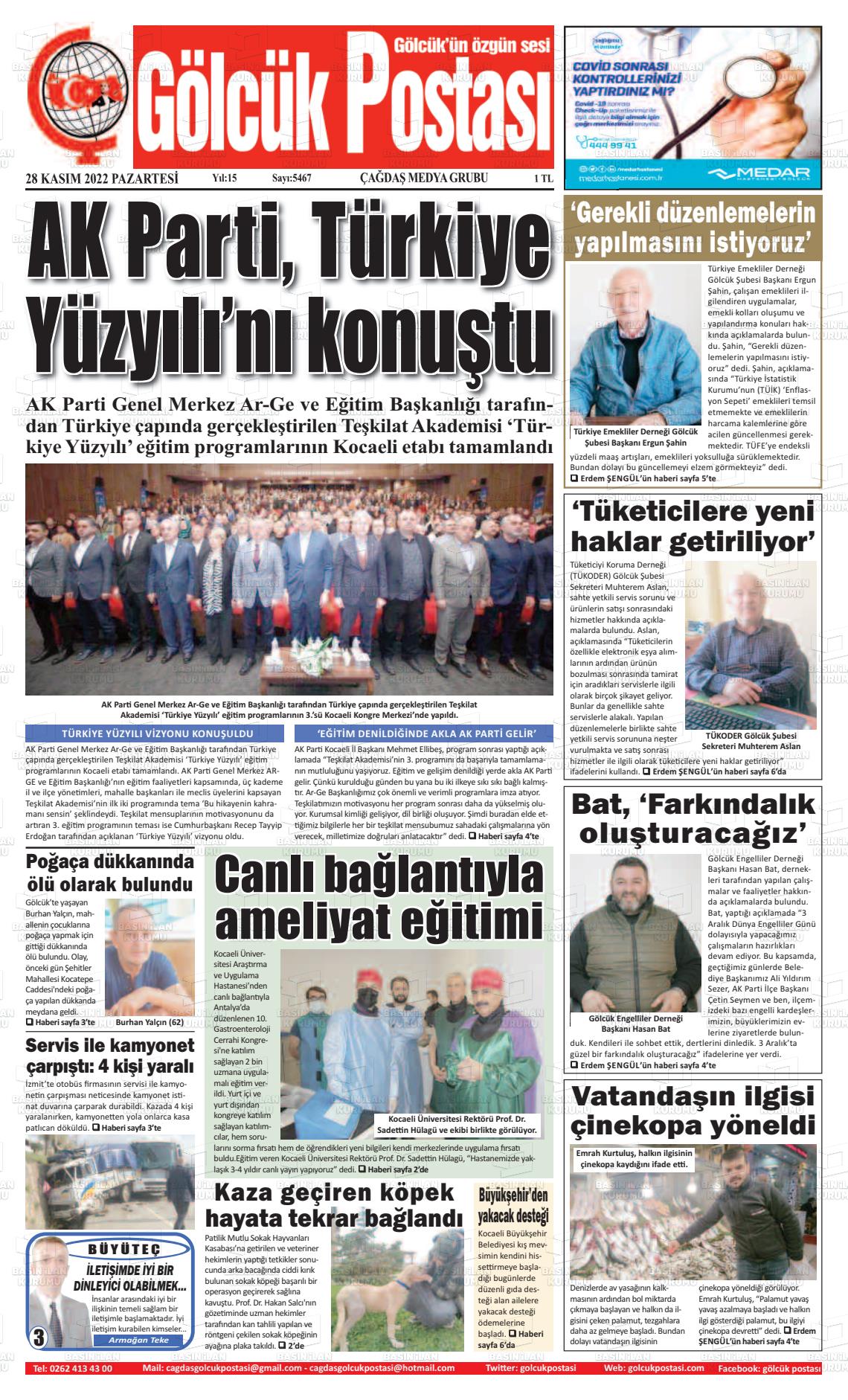 28 Kasım 2022 Gölcük Postasi Gazete Manşeti
