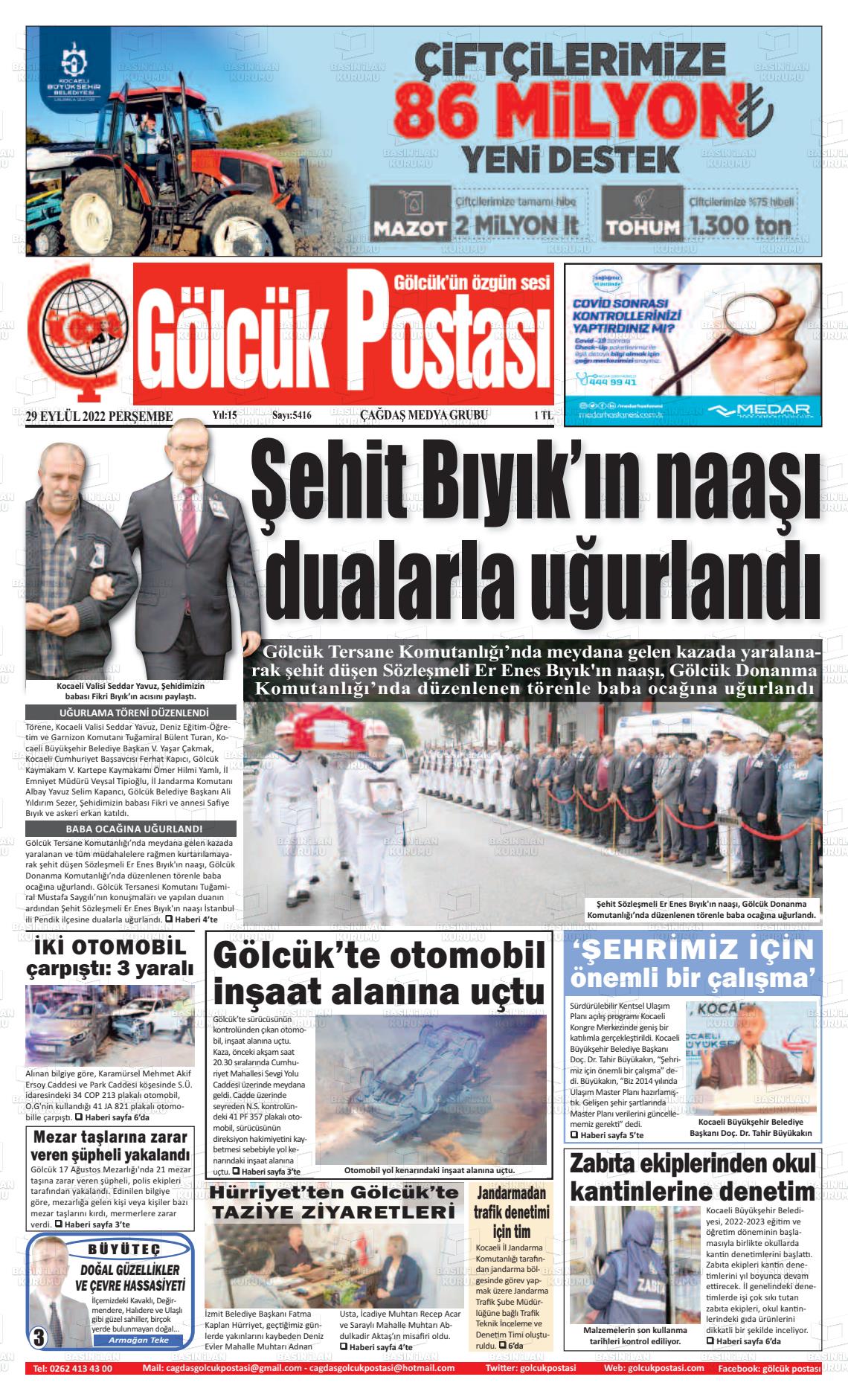 29 Eylül 2022 Gölcük Postasi Gazete Manşeti