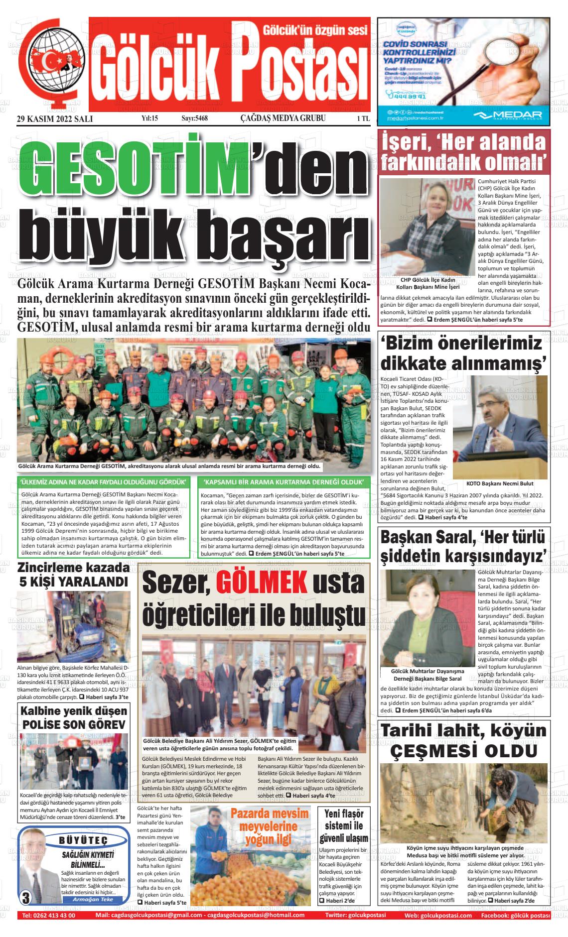29 Kasım 2022 Gölcük Postasi Gazete Manşeti