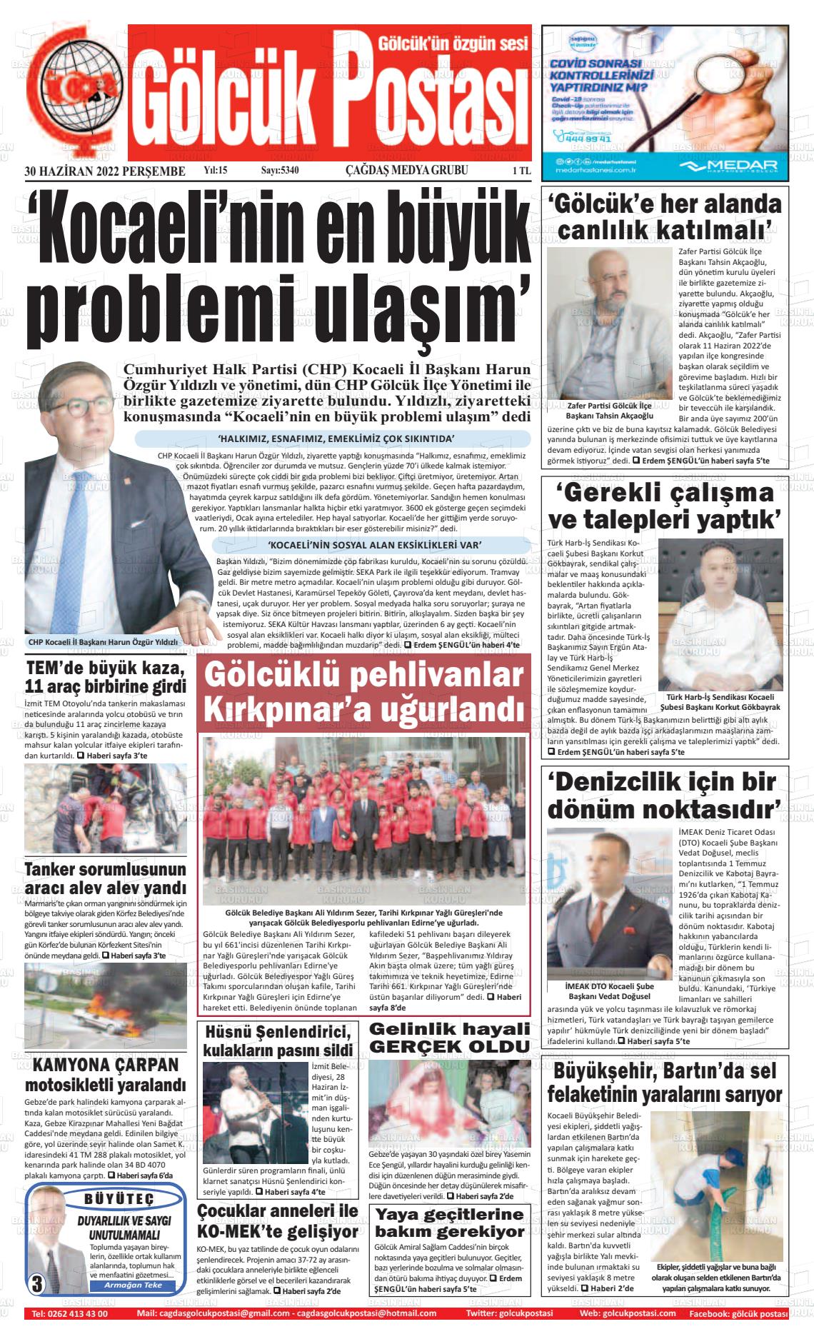 01 Temmuz 2022 Gölcük Postasi Gazete Manşeti