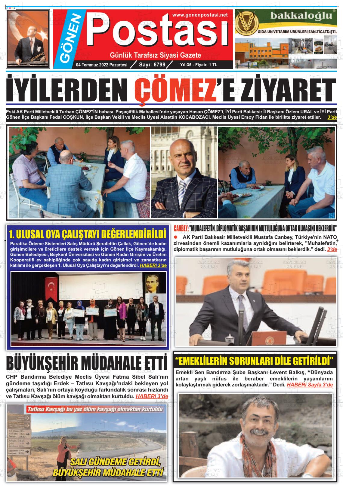 04 Temmuz 2022 Gönen Postası Gazete Manşeti