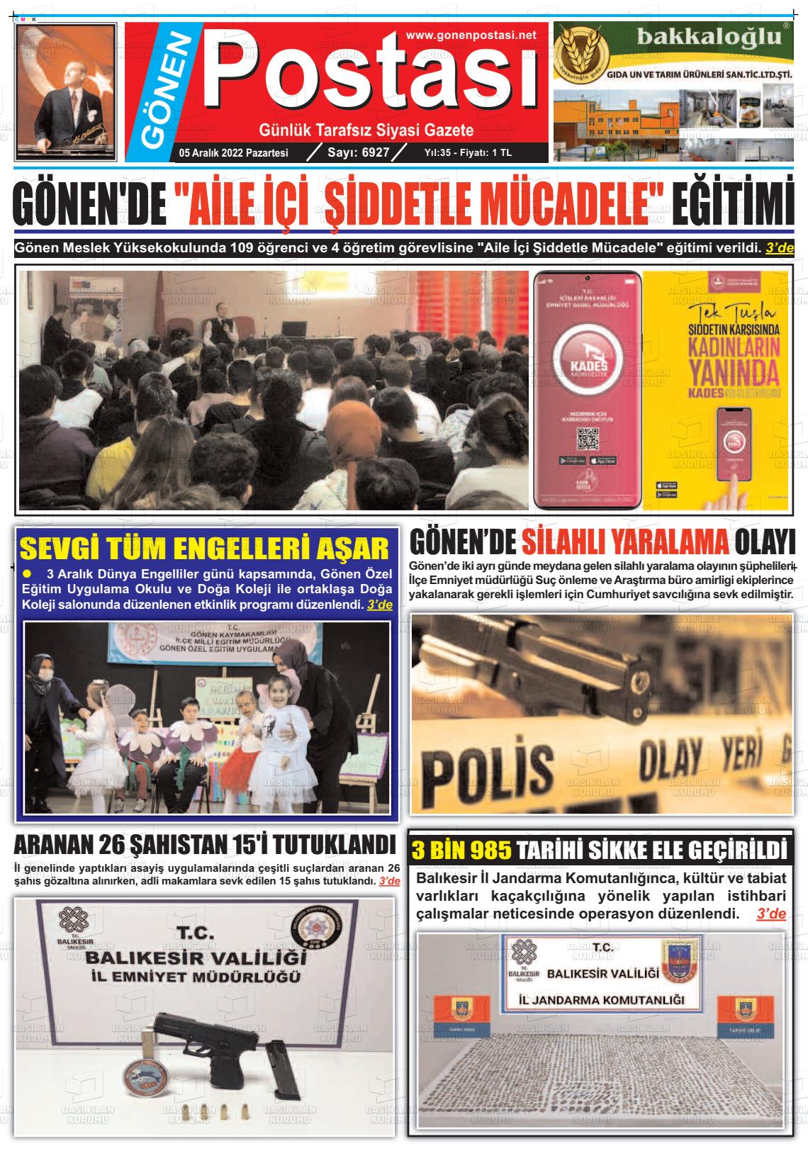 05 Aralık 2022 Gönen Postası Gazete Manşeti