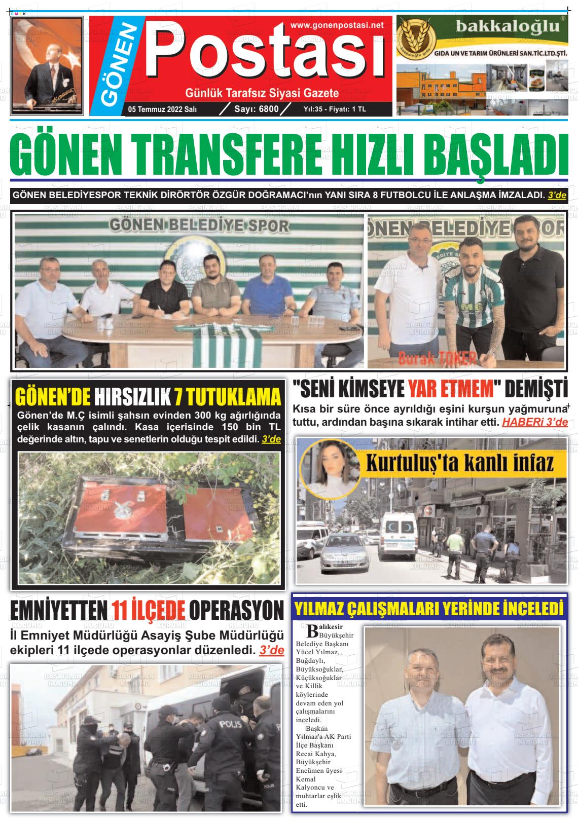 05 Temmuz 2022 Gönen Postası Gazete Manşeti