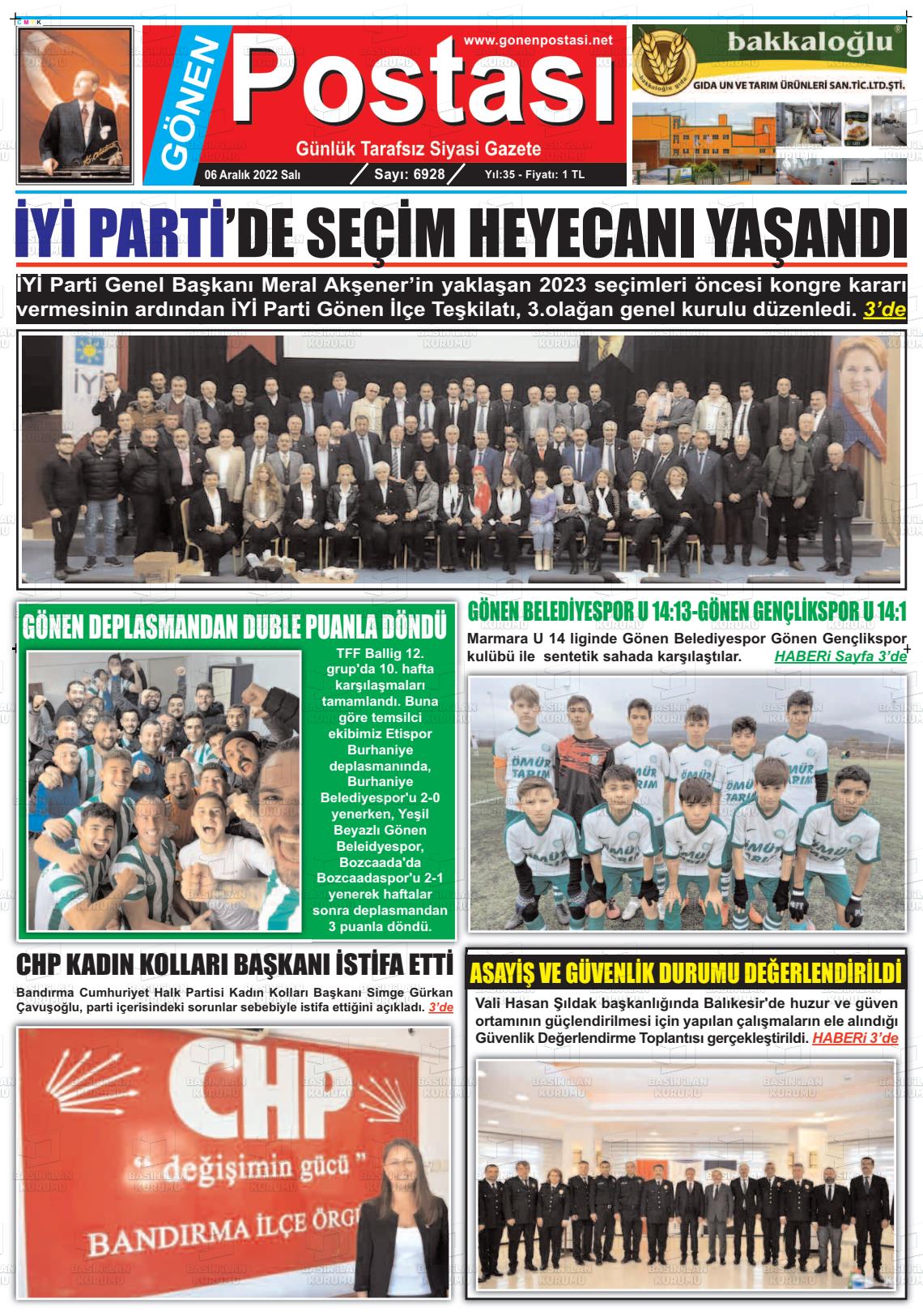 06 Aralık 2022 Gönen Postası Gazete Manşeti