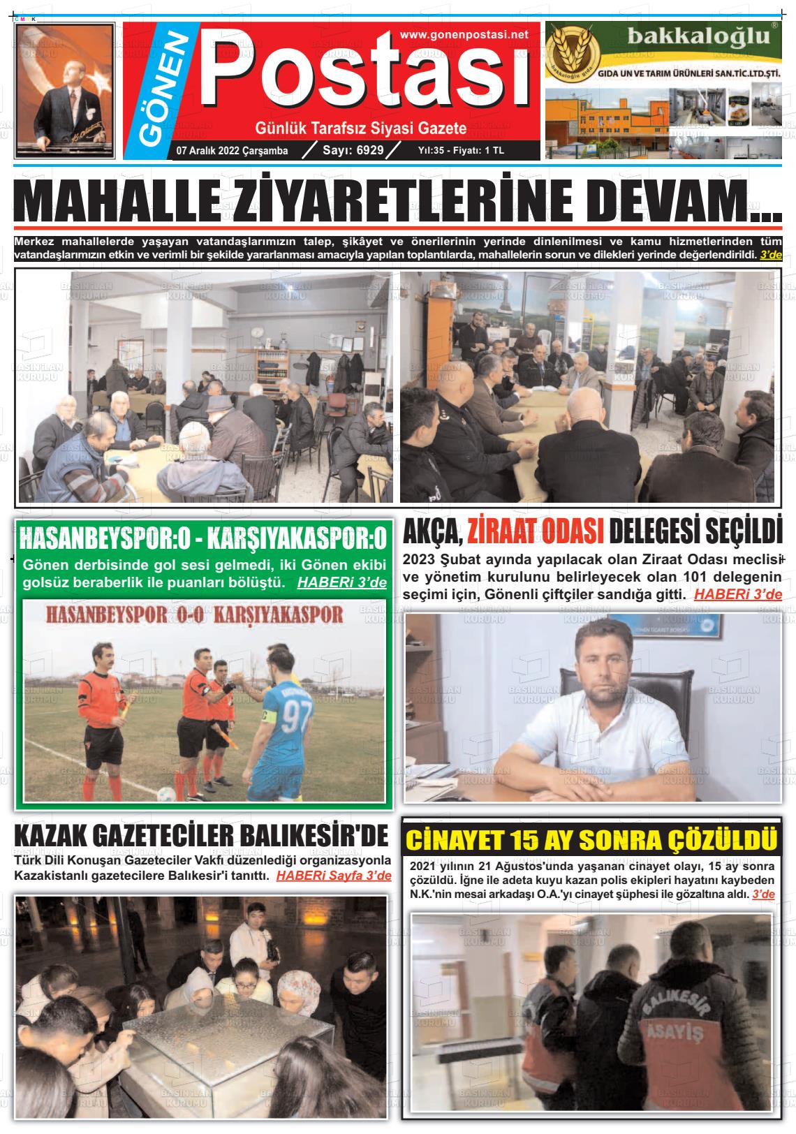 07 Aralık 2022 Gönen Postası Gazete Manşeti