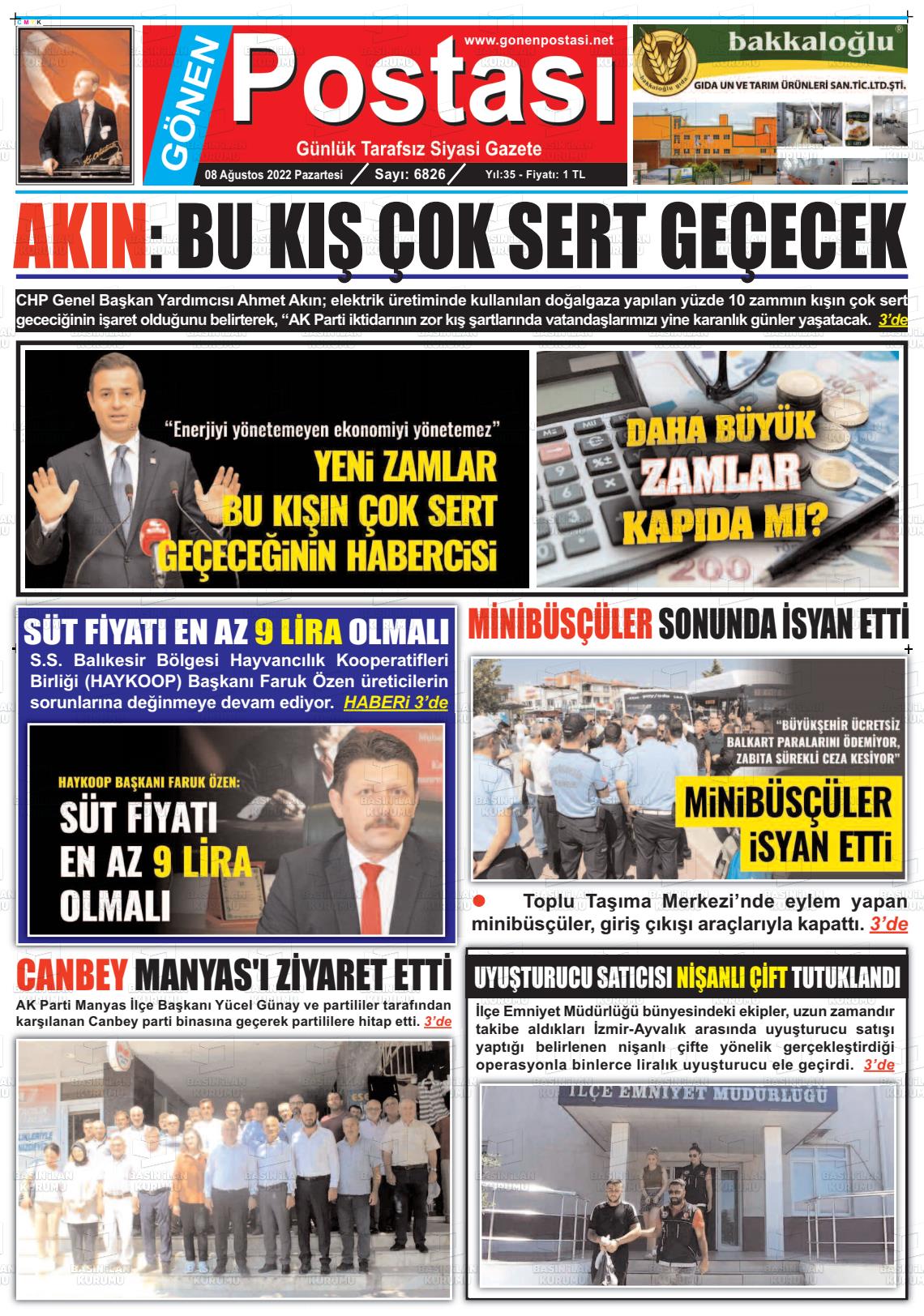 08 Ağustos 2022 Gönen Postası Gazete Manşeti