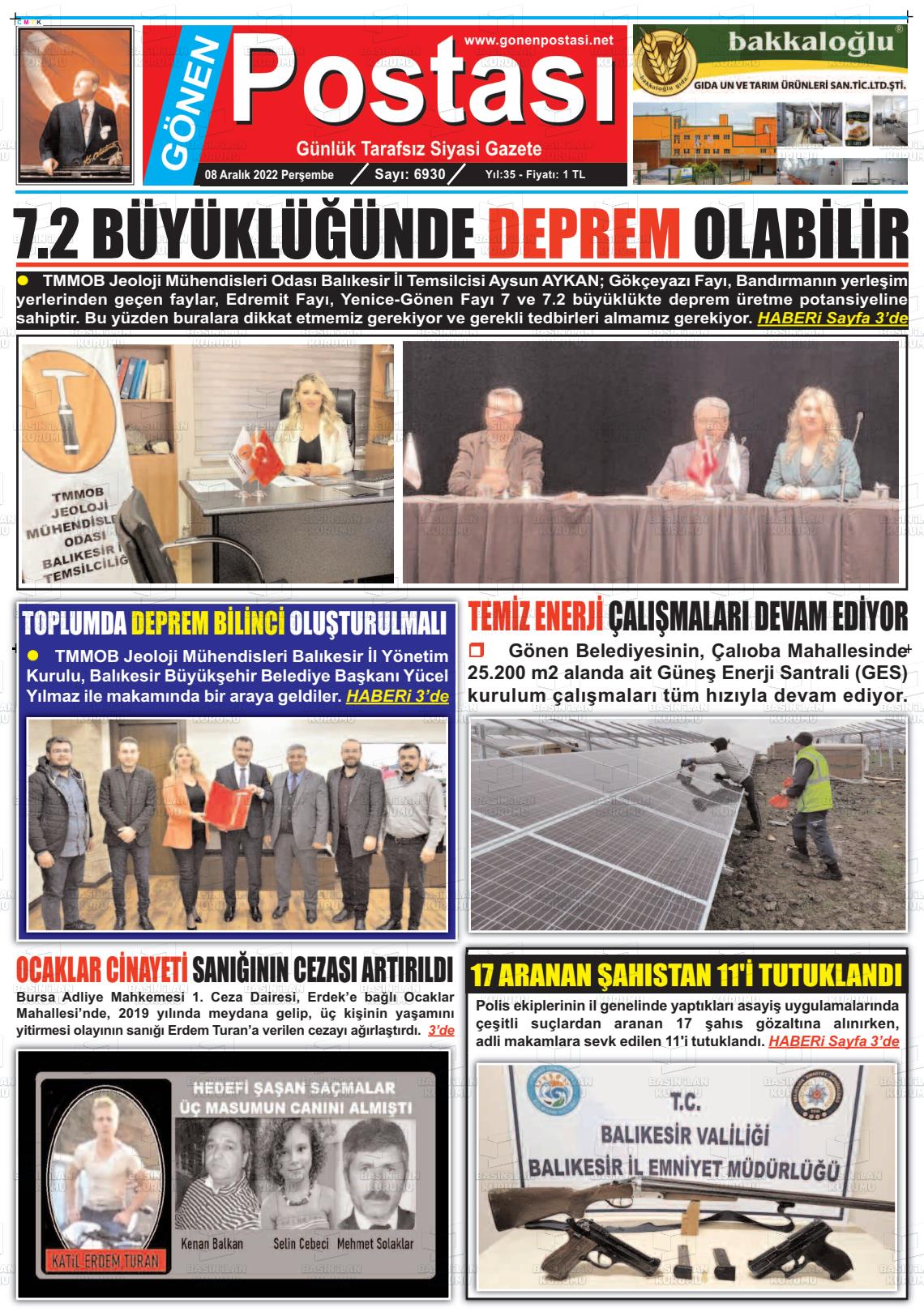 08 Aralık 2022 Gönen Postası Gazete Manşeti