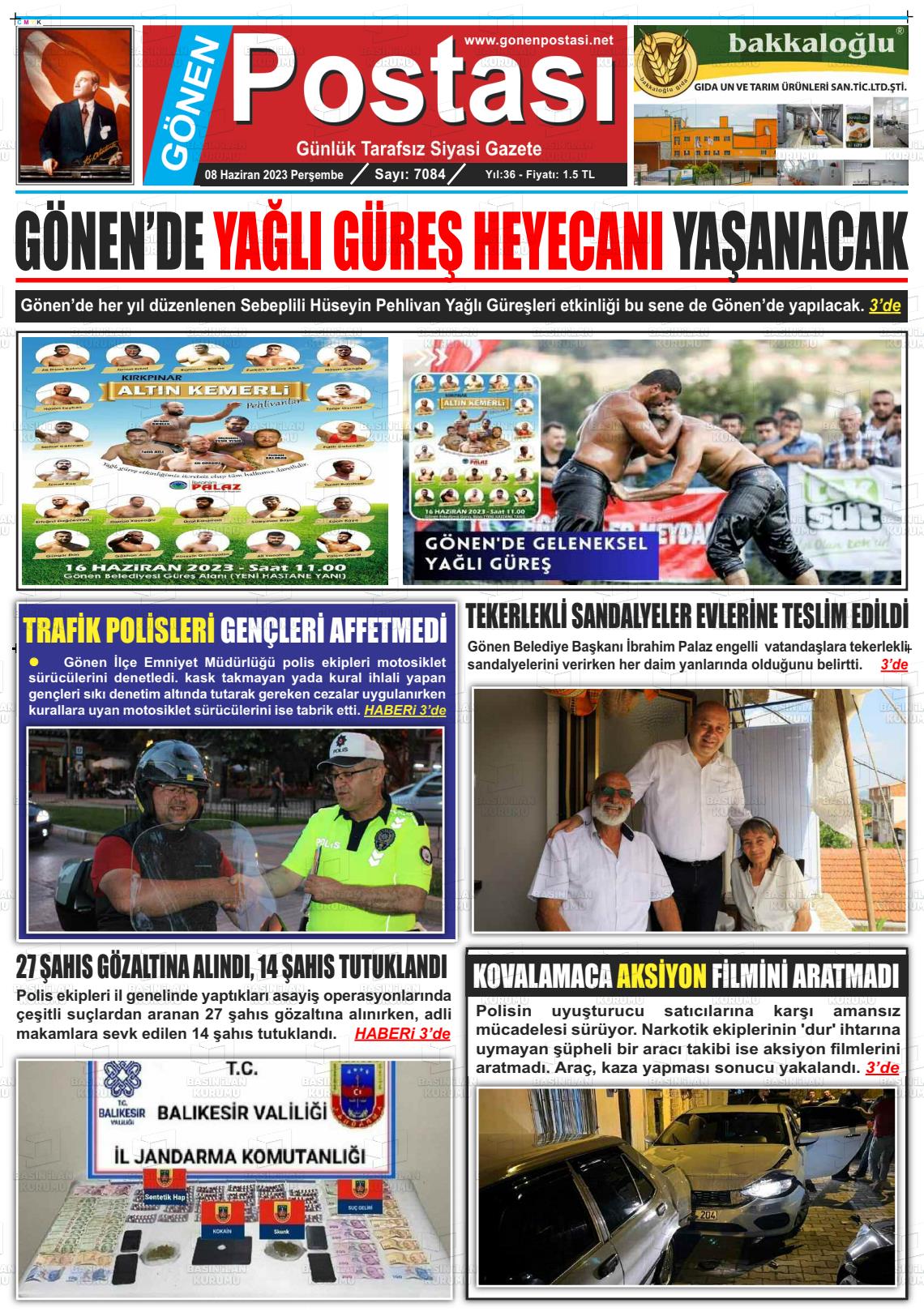 08 Haziran 2023 Gönen Postası Gazete Manşeti
