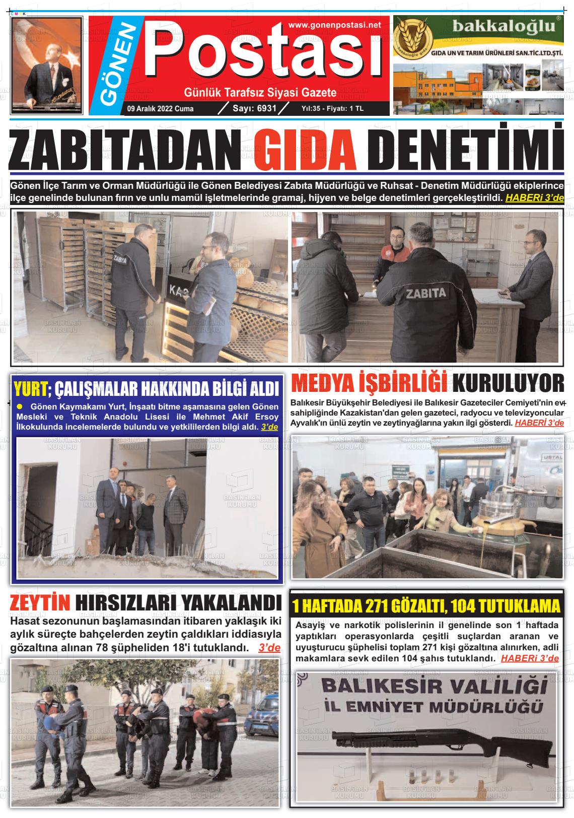 09 Aralık 2022 Gönen Postası Gazete Manşeti
