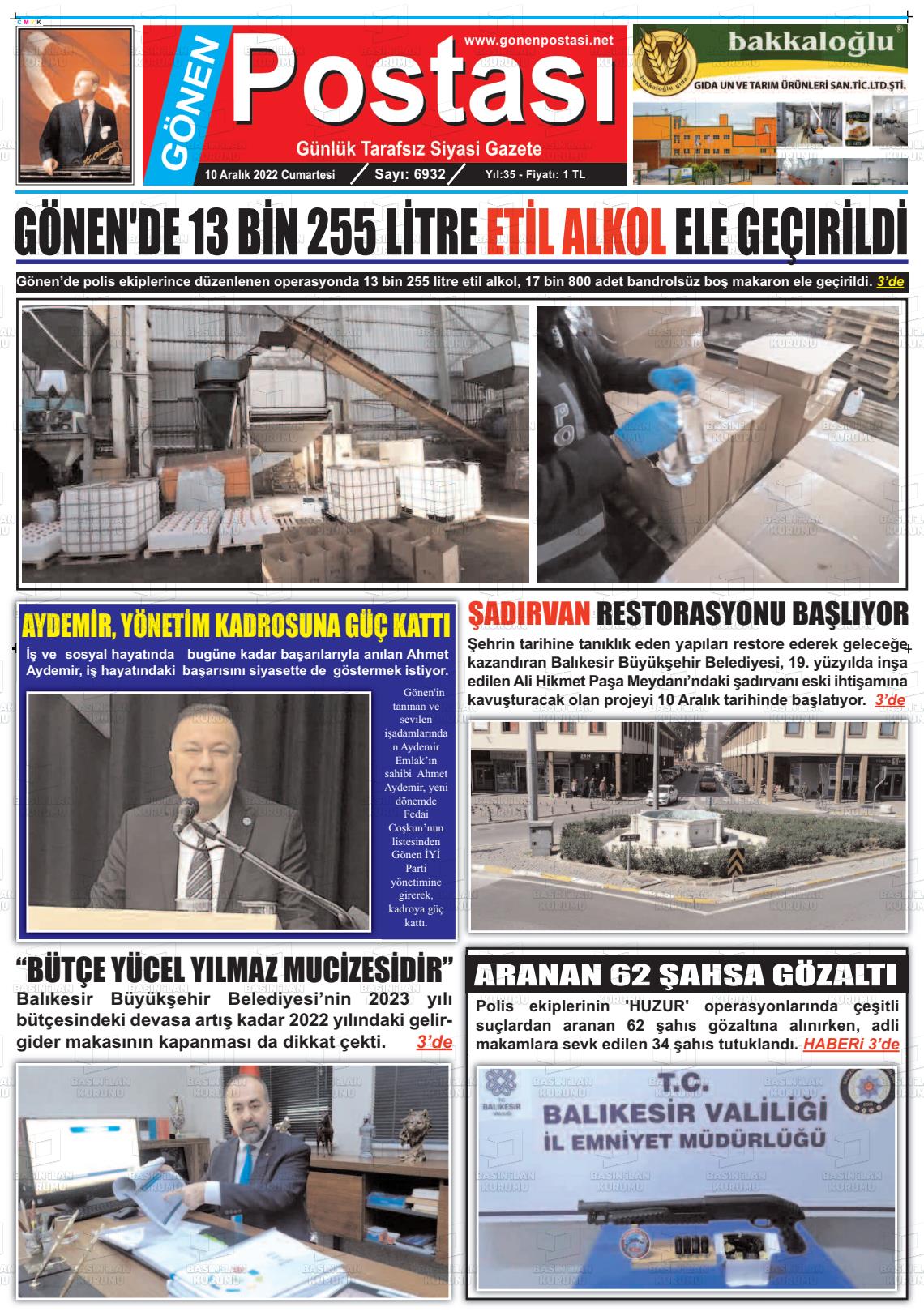 10 Aralık 2022 Gönen Postası Gazete Manşeti
