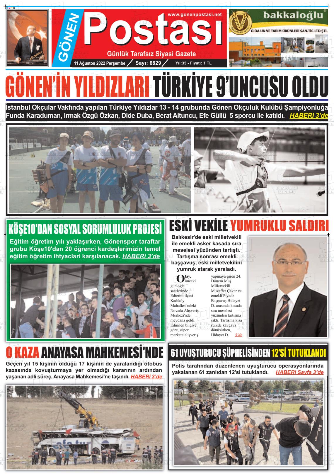 11 Ağustos 2022 Gönen Postası Gazete Manşeti