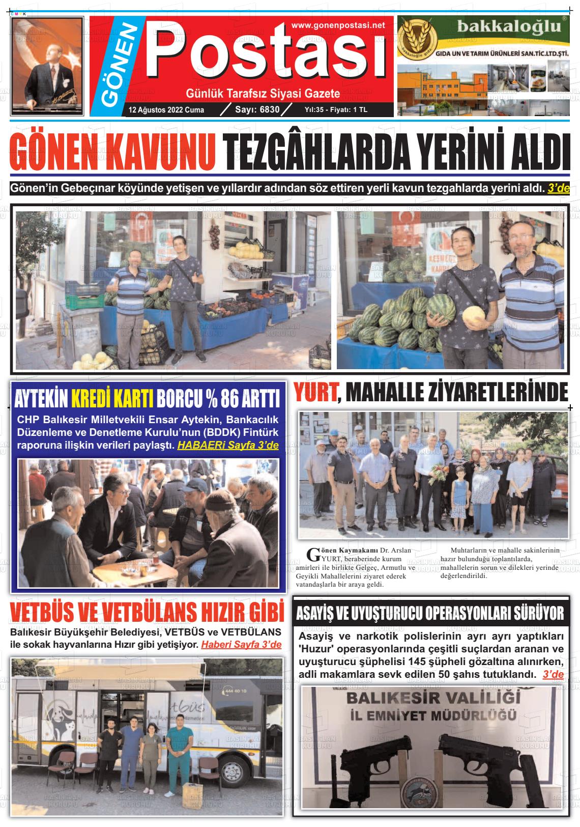 12 Ağustos 2022 Gönen Postası Gazete Manşeti